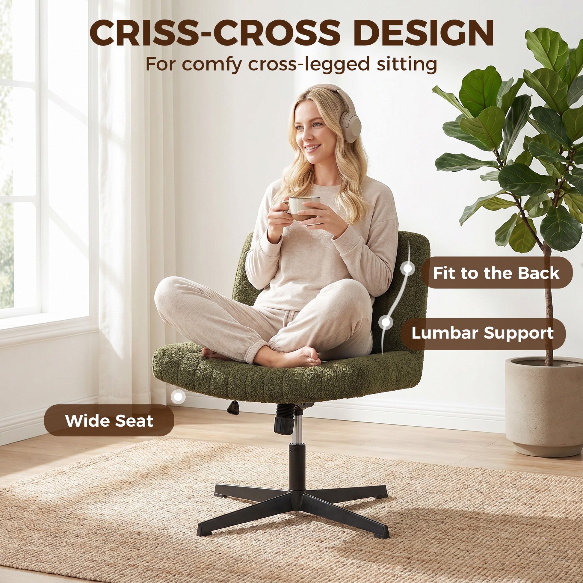 Armless Office Chair No Wheels, Teddy Fleece Criss Cross Legged Desk Chair with Wide Seat, Thick Padding, Rock Function, Height Adjustable Swivel Computer Seat for Home, Green