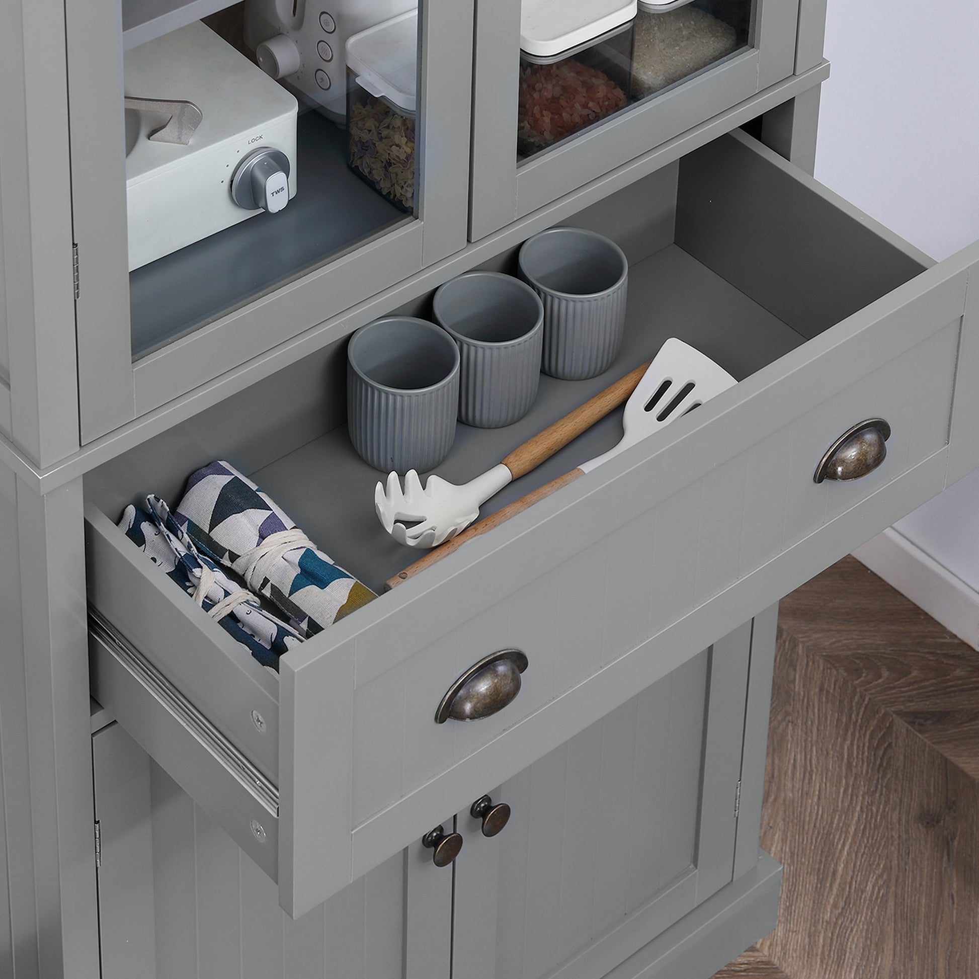 Freestanding Kitchen Cupboard, 5-tier Storage Cabinet with Adjustable Shelves and Drawer for Living Room, Dining Room, Grey