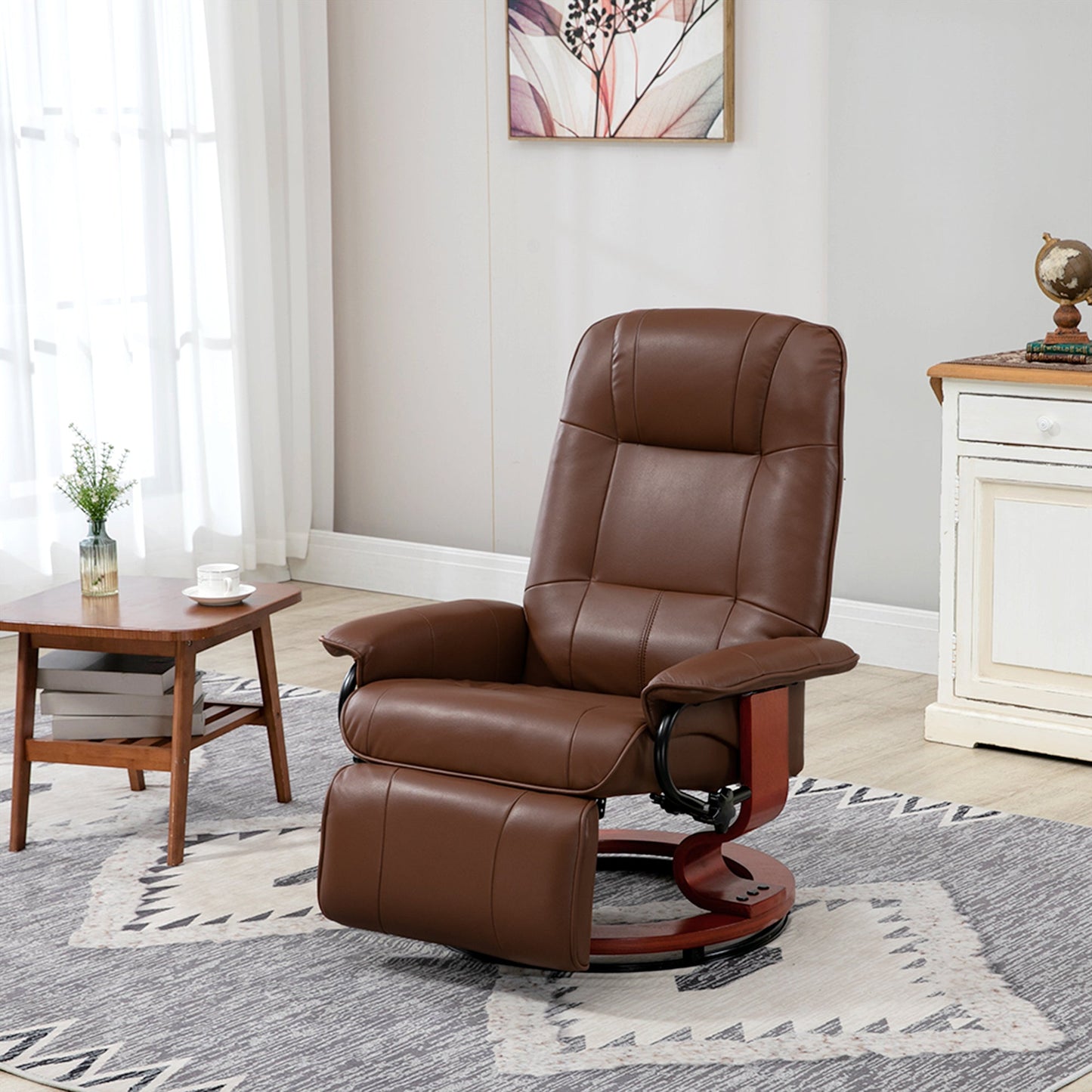 Manual Recliner Chair Armchair Sofa with Faux Leather Upholstered Wooden Base for Living Room Bedroom, Brown