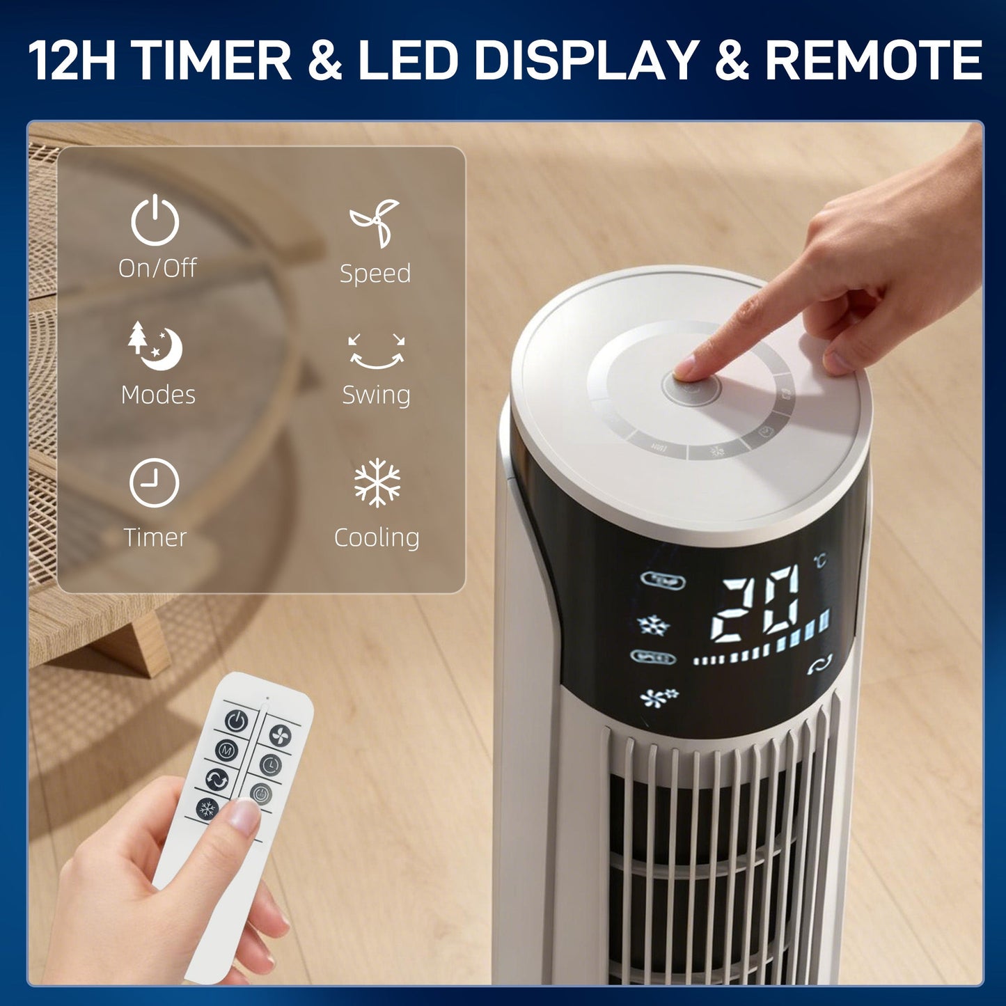 Air Cooler, Oscillating Ice Cooling Fan with 3 Speeds, 4 Modes, 12 Hour Timer, LED Display and Remote Control for Bedroom, Office, Living Room, White