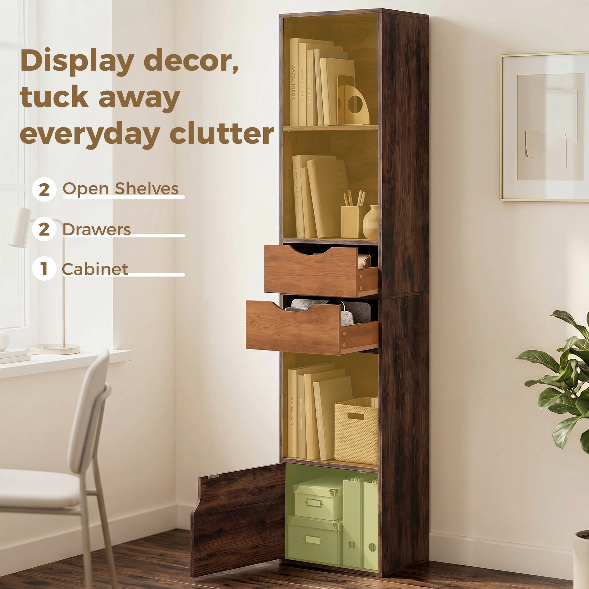 158 cm Bookcase with Drawers, 3-Tier Bookshelf, Slim Storage Cabinet with Doors, Adjustable Shelf for Living Room, Bedroom, Home Office, Rustic Brown