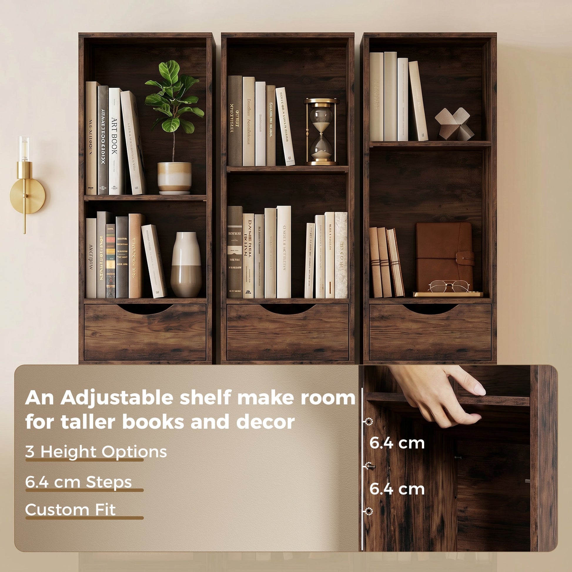158 cm Bookcase with Drawers, 3-Tier Bookshelf, Slim Storage Cabinet with Doors, Adjustable Shelf for Living Room, Bedroom, Home Office, Rustic Brown