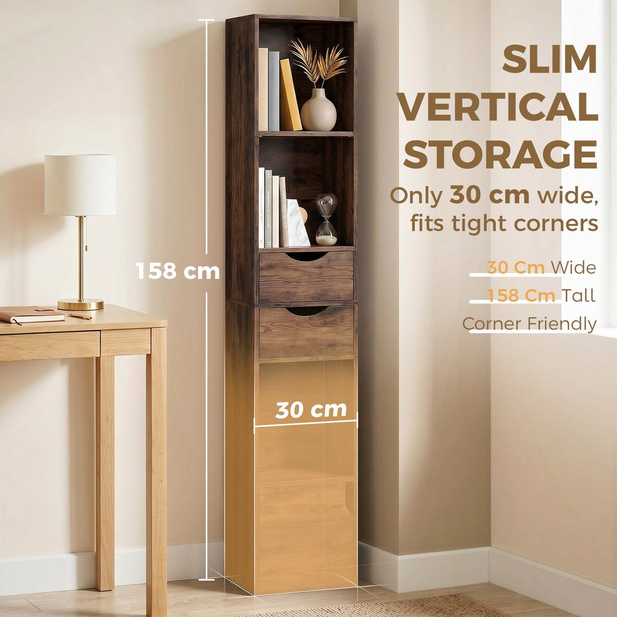 158 cm Bookcase with Drawers, 3-Tier Bookshelf, Slim Storage Cabinet with Doors, Adjustable Shelf for Living Room, Bedroom, Home Office, Rustic Brown