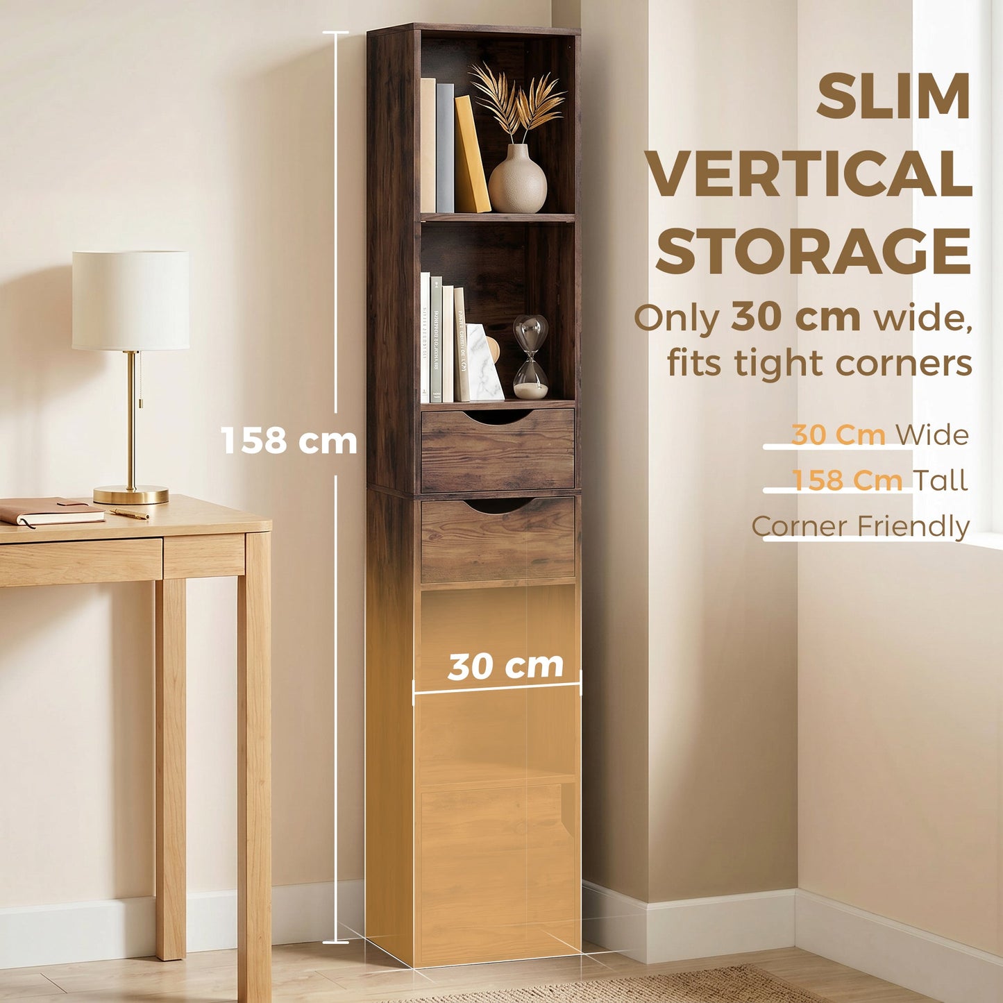 158 cm Bookcase with Drawers, 3-Tier Bookshelf, Slim Storage Cabinet with Doors, Adjustable Shelf for Living Room, Bedroom, Home Office, Rustic Brown