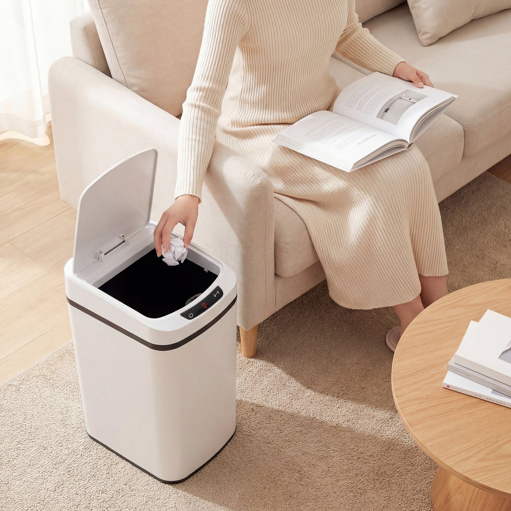 12L Sensor Bin, Automatic Touchless Motion Sensor Kitchen Bin, Compact Trash Can with Fingerprint Resistant Stainless Steel for Hygienic Gyms, Home Office Use, White