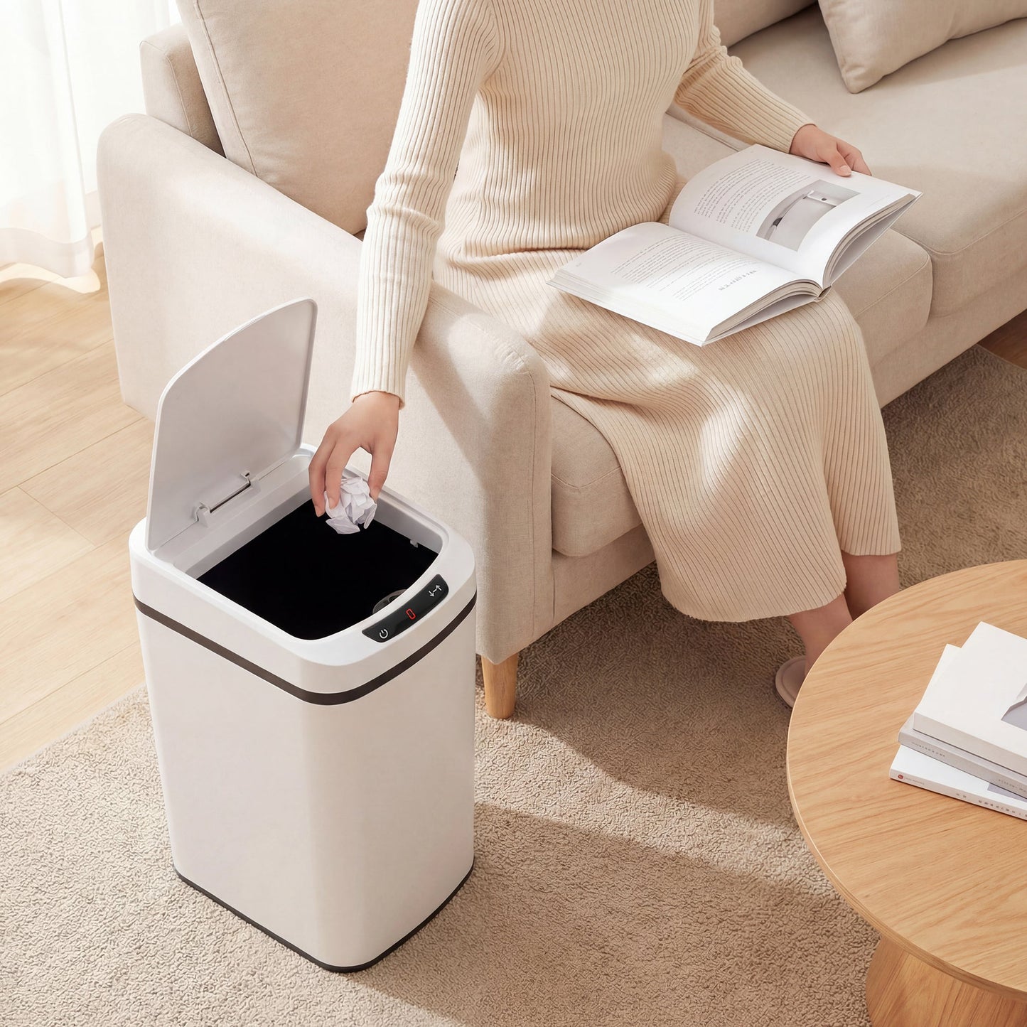 12L Sensor Bin, Automatic Touchless Motion Sensor Kitchen Bin, Compact Trash Can with Fingerprint Resistant Stainless Steel for Hygienic Gyms, Home Office Use, White