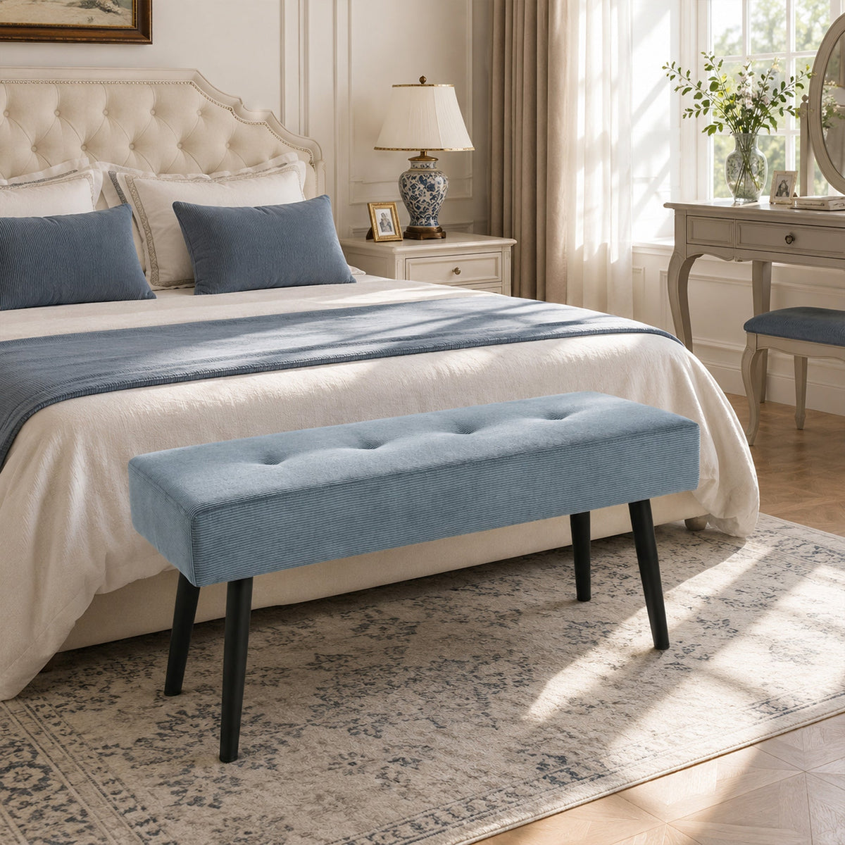 End of Bed Bench, Corduroy Bedroom Bench with Thick Padding and Steel Legs, Tufted Window Seat for Entryway, Living Room, Blue