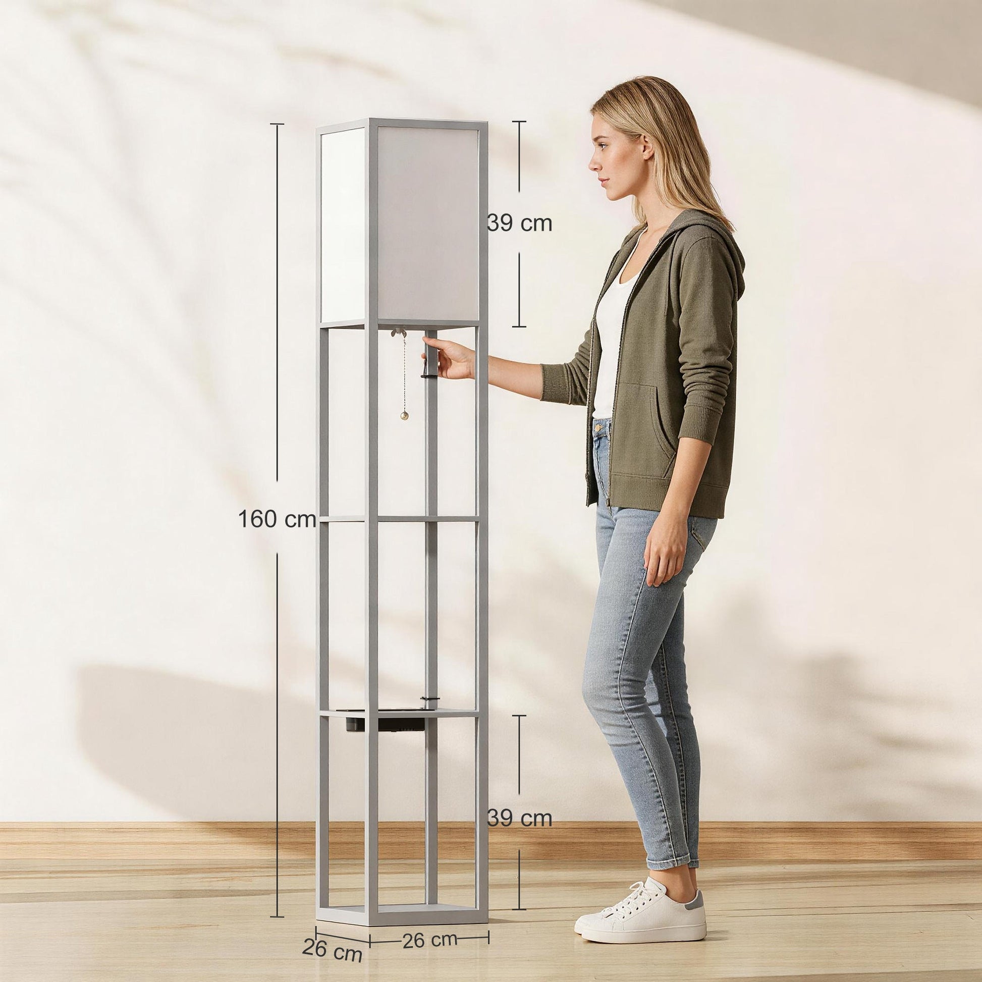 3-Tier Floor Lamp with Shelves and Storage, Modern Corner Standing Lamp with LED Bulb, Lampshade, Reading Light with Foot Switch for Living Room, Bedroom, Home Office, Grey