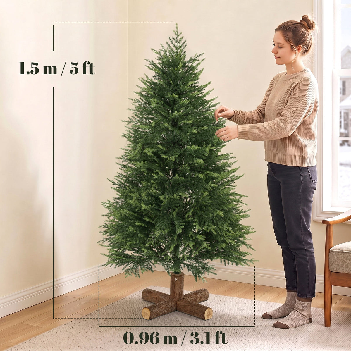 5ft Artificial Christmas Tree, Hinged Xmas Tree with Dense 513 PE & PVC Branch Tips, Realistic Fir Wood Base, Auto Open for Home Office Decor, Green