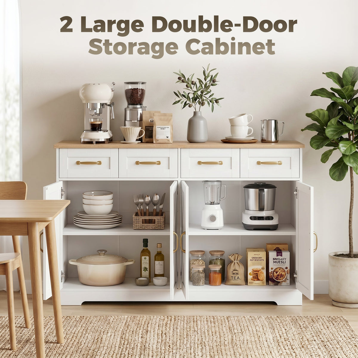 Sideboard Buffet Cabinet, 140 cm Modern Farmhouse Kitchen Storage Cabinet with 4 Drawers, 4 Doors and 2 Adjustable Shelves, Coffee Bar Station, White