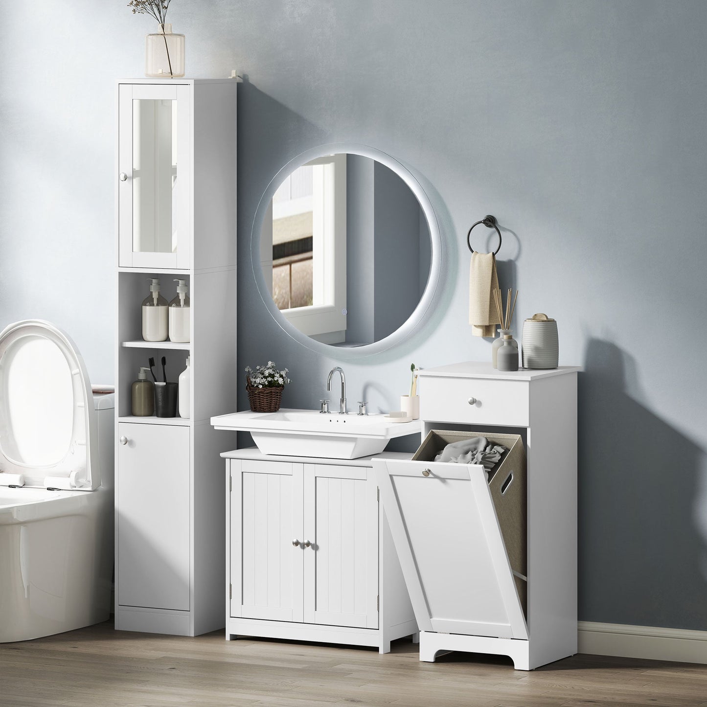 HOMCOM Laundry Cabinet, Bathroom Cabinet with Laundry Basket, Bathroom Storage Unit with Foldable Laundry Hamper and Drawer for Washroom, White