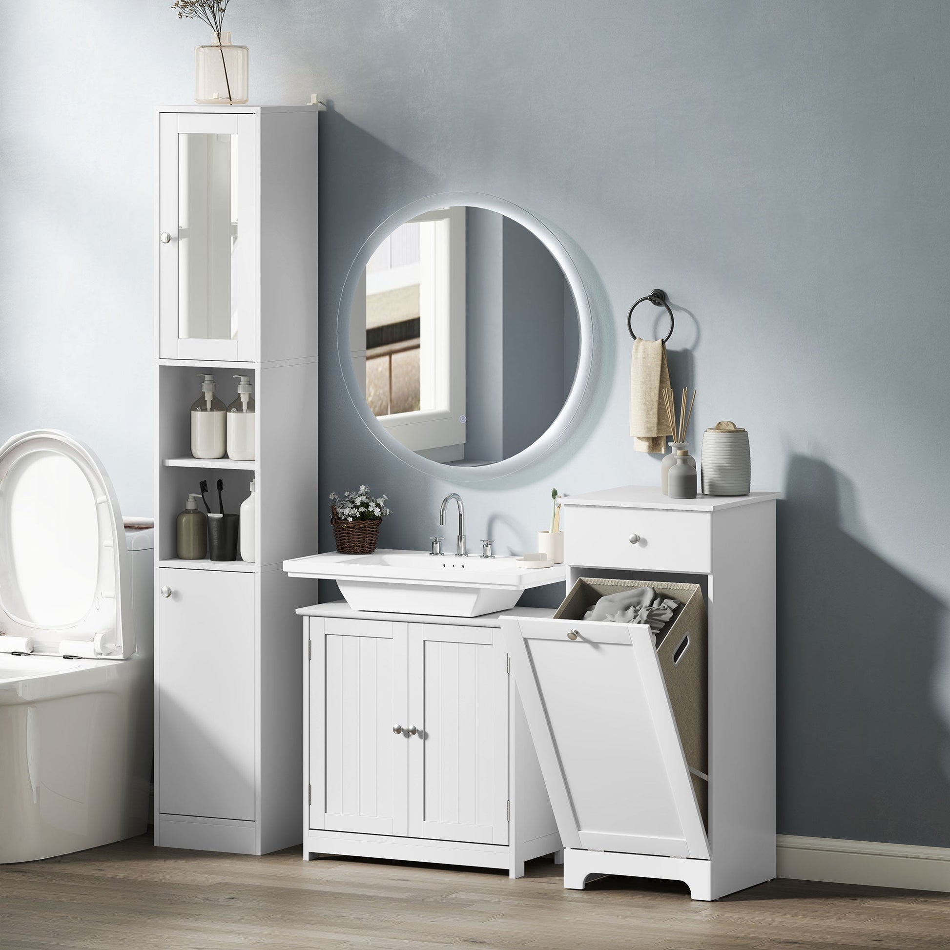 HOMCOM Laundry Cabinet, Bathroom Cabinet with Laundry Basket, Bathroom Storage Unit with Foldable Laundry Hamper and Drawer for Washroom, White