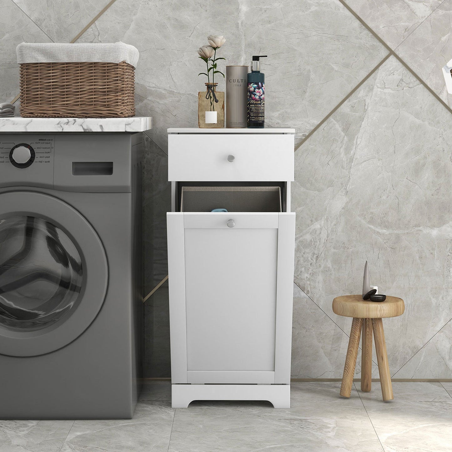 HOMCOM Laundry Cabinet, Bathroom Cabinet with Laundry Basket, Bathroom Storage Unit with Foldable Laundry Hamper and Drawer for Washroom, White