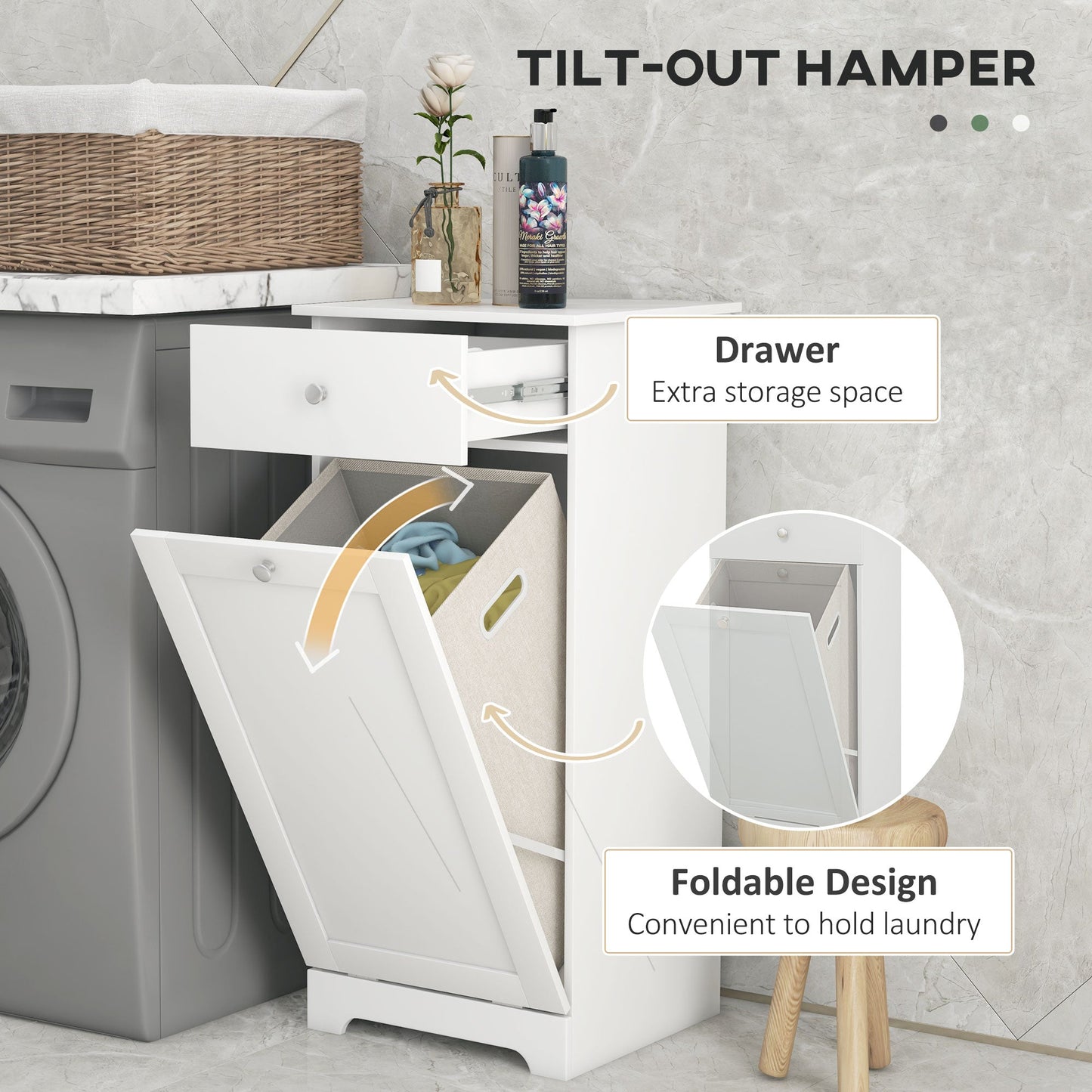 HOMCOM Laundry Cabinet, Bathroom Cabinet with Laundry Basket, Bathroom Storage Unit with Foldable Laundry Hamper and Drawer for Washroom, White