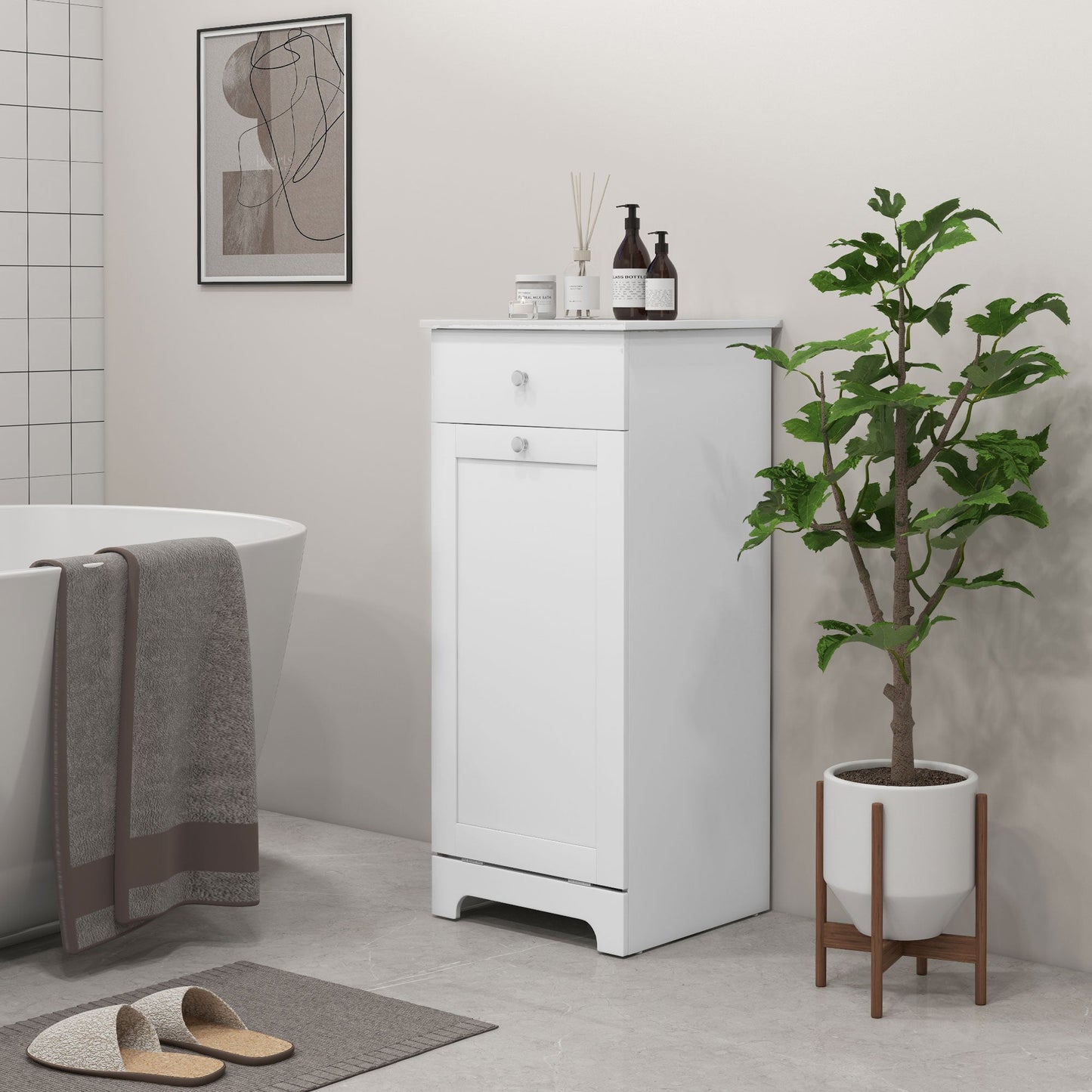 HOMCOM Laundry Cabinet, Bathroom Cabinet with Laundry Basket, Bathroom Storage Unit with Foldable Laundry Hamper and Drawer for Washroom, White
