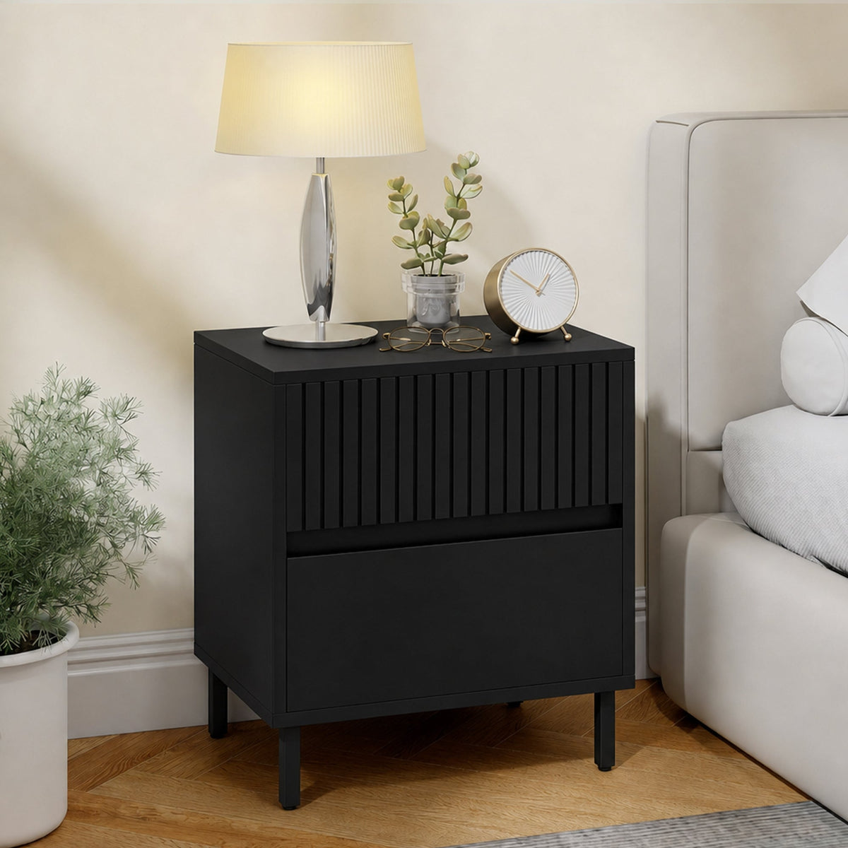 Bedside Table, Side Table with 2 Drawers, Bedside Cabinet with Storage and Steel Legs for Bedroom, Living Room, Black