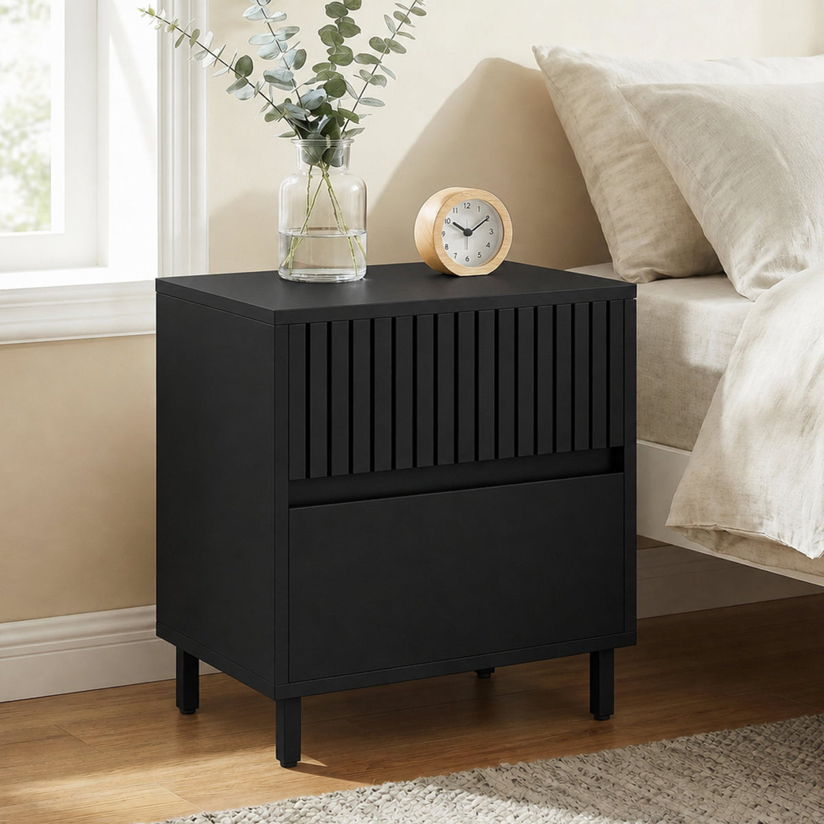 Bedside Table, Side Table with 2 Drawers, Bedside Cabinet with Storage and Steel Legs for Bedroom, Living Room, Black