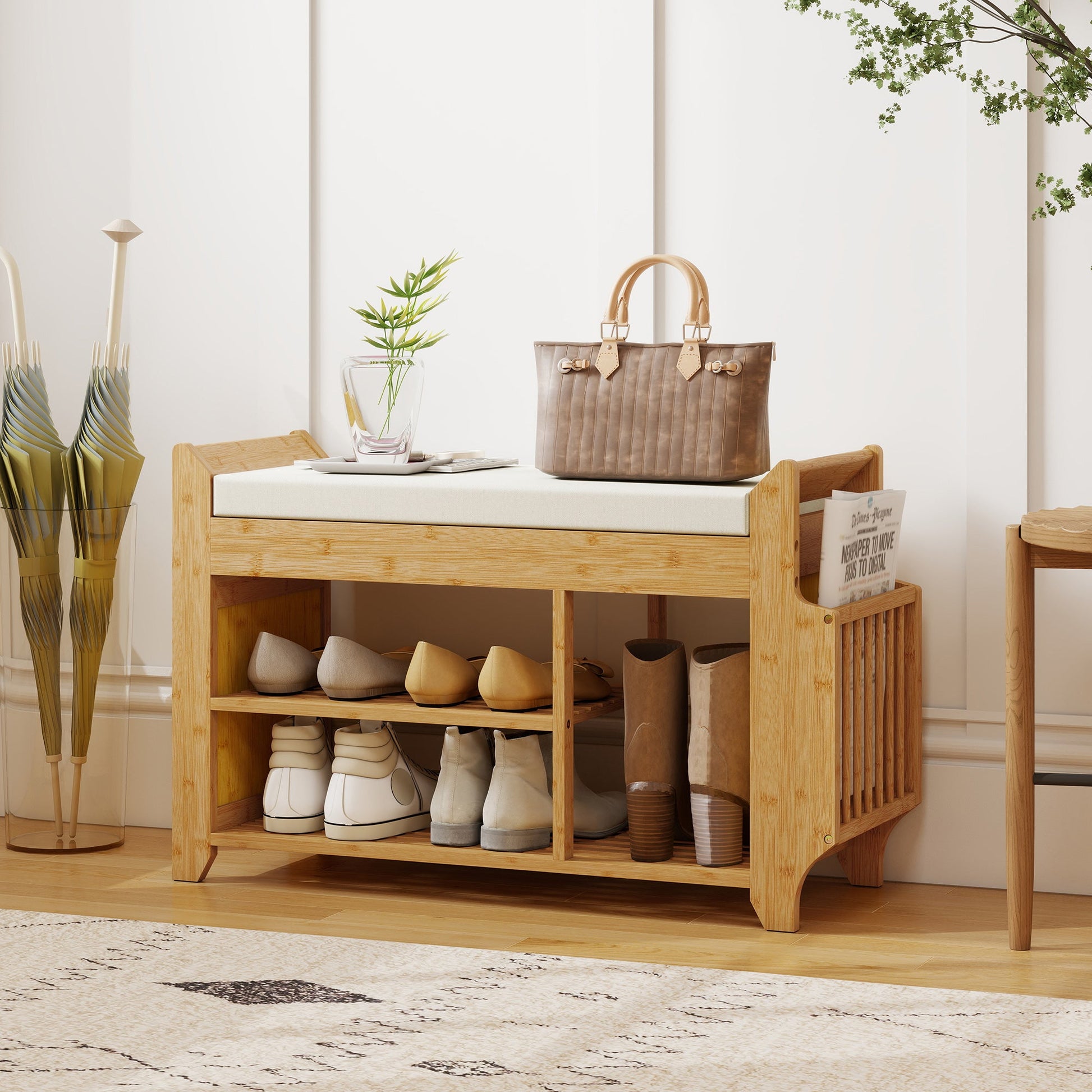 Shoe Bench with Cushioned Seat, Shoe Storage Bench with Side Holder and Boot Section, 2-Tier Natural Bamboo Entryway Rack for Hallway, Living Room, 100 x 30 x 50 cm, Natural and Cream