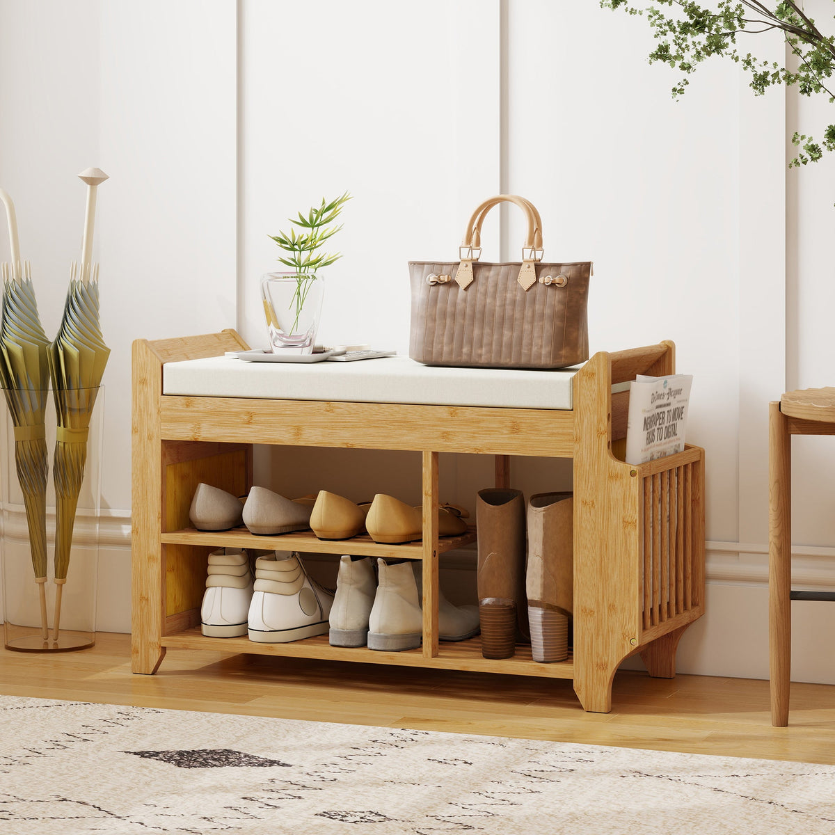 Shoe Bench with Cushioned Seat, Shoe Storage Bench with Side Holder and Boot Section, 2-Tier Natural Bamboo Entryway Rack for Hallway, Living Room, 100 x 30 x 50 cm, Natural and Cream