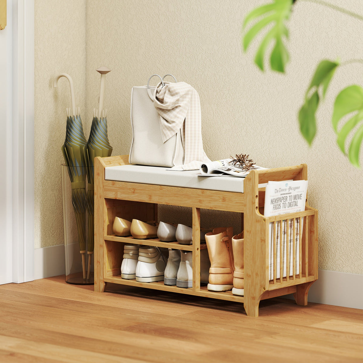 Shoe Bench with Cushioned Seat, Shoe Storage Bench with Side Holder and Boot Section, 2-Tier Natural Bamboo Entryway Rack for Hallway, Living Room, 100 x 30 x 50 cm, Natural and Cream