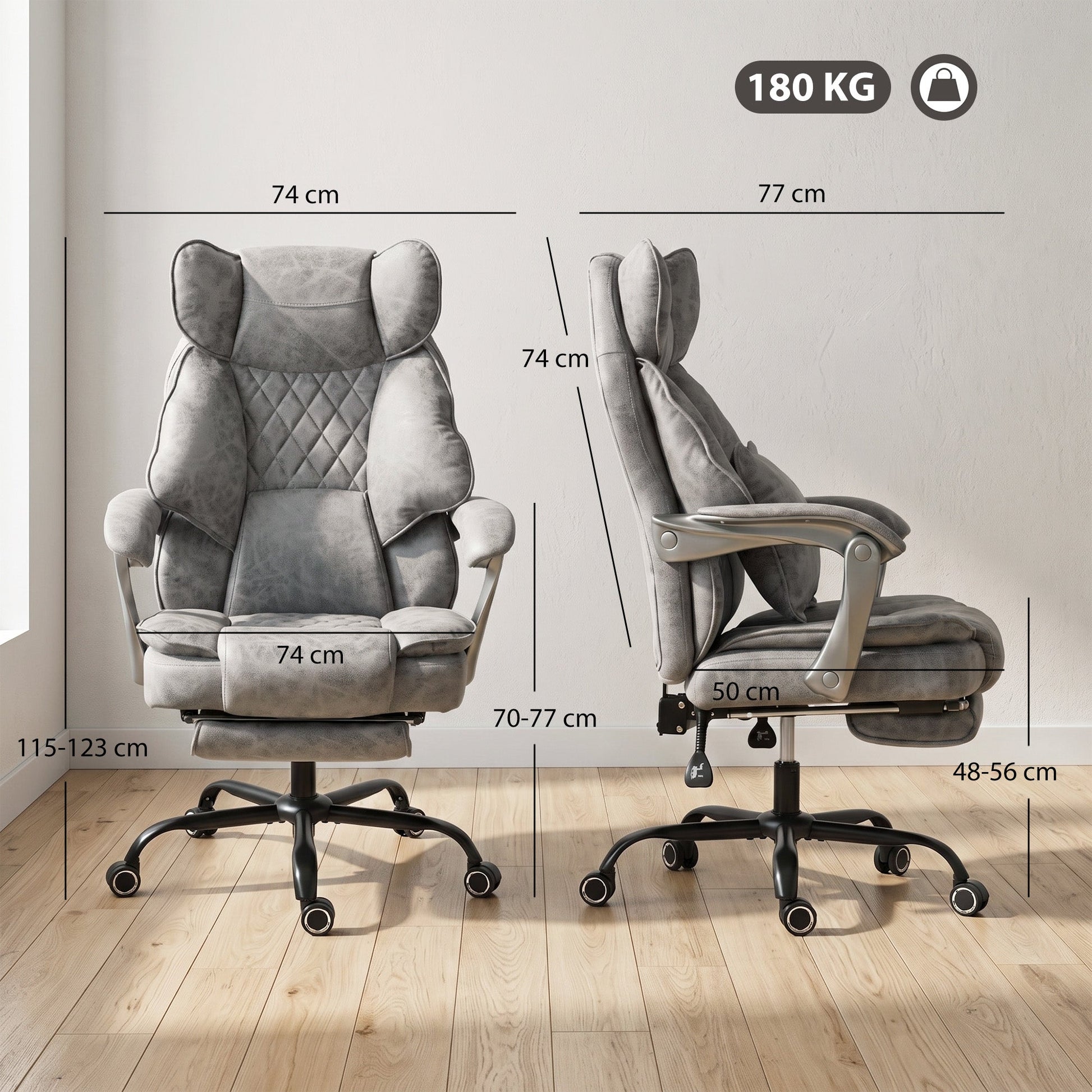 Executive Office Chair with Footrest, 180kg 400lb Big and Tall Leathaire Desk Chair with Wide Seat, Reclining Back, Lumbar Support, Built-in Headrest, Class 4 Gas Lift, Swivel Wheel, Grey
