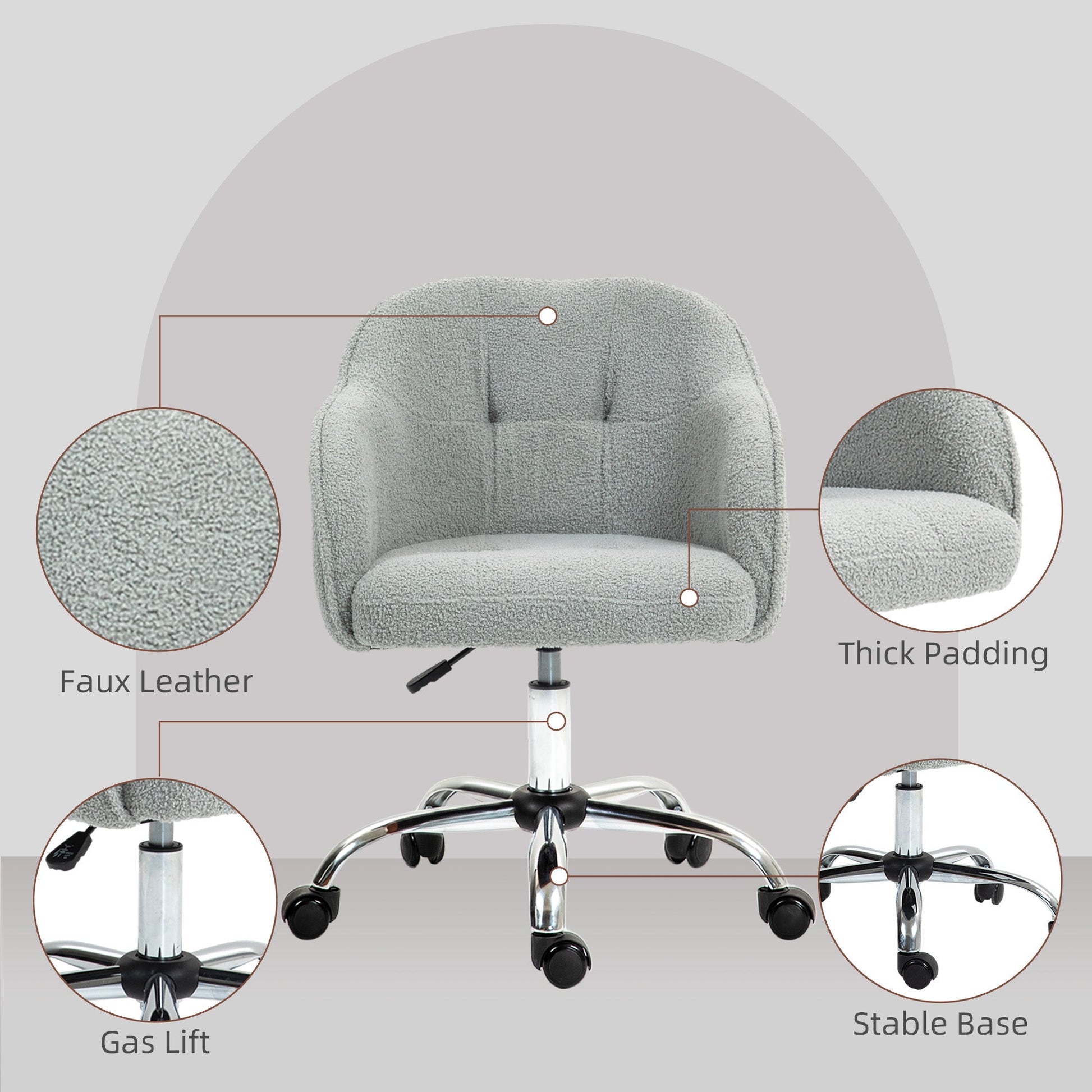 HOMCOM Computer Desk Chair, Fluffy Fabric Swivel Office Chair, Makeup Vanity Chair with Height Adjustable, Wheels, for Home Study Bedroom, Grey