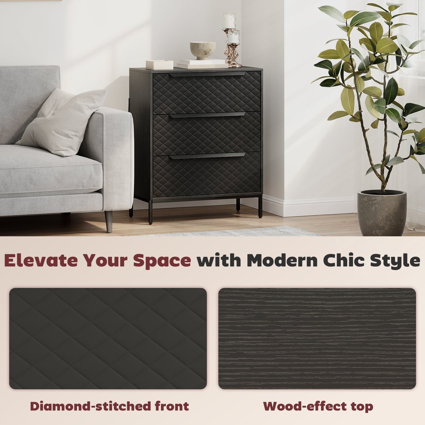 Chest of Drawers, Dresser with 3 Fabric Drawers, Bedroom Storage Unit with Aluminium Handles and Wood-effect Top for Living Room, Hallway, Entryway, Black