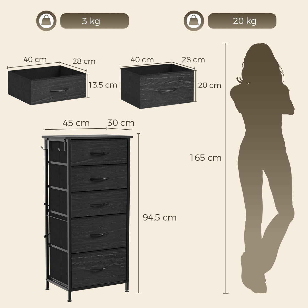 Chest of Drawers, Dresser for Bedroom with 5 Fabric Drawers, Tall Storage Unit with 4 Pockets, 2 Hooks and Steel Frame for Living Room, Hallway, Black