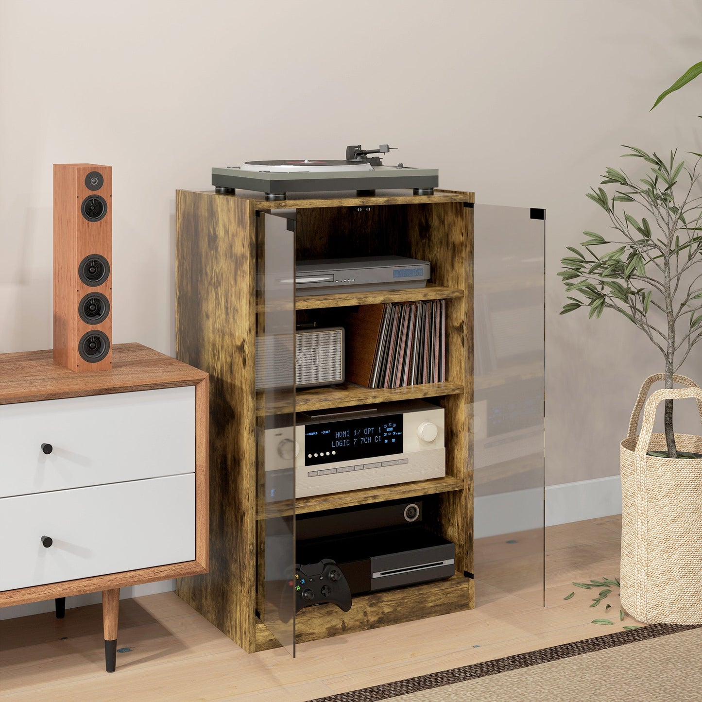 Record Player Stand with Storage, 4-Tier Hi-Fi Stand, Media Cabinet with Adjustable Shelves, Push-to-Open Glass Doors and Cable Management for Music Room and Living Room, Rustic Brown