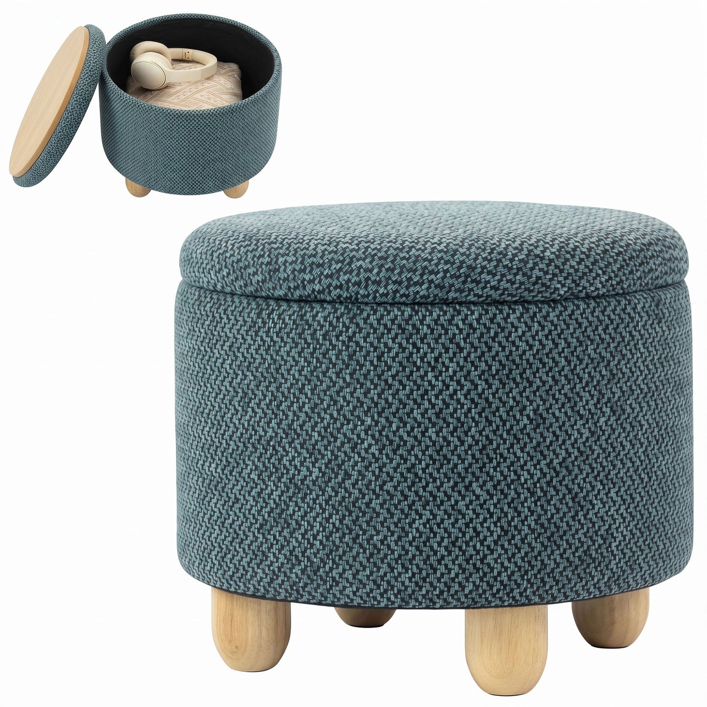 Storage Ottoman, Burlap Fabric Round Small Ottoman Foot Rest with Lid, Rubberwood Legs, End of Bed Bench Footstool for Bedroom, Hallway, Living Room, 38.5 x 38.5 cm, Dark Blue