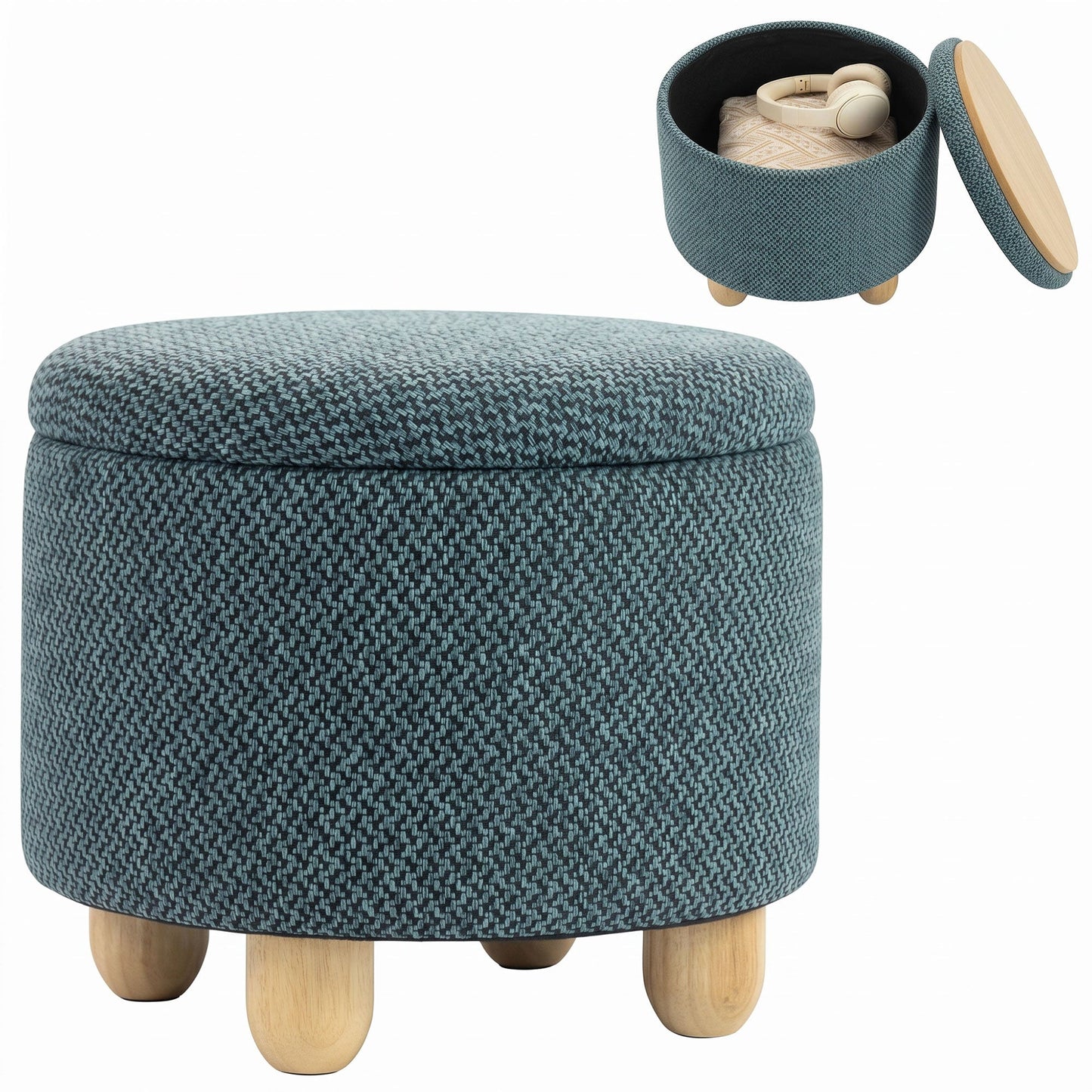 Storage Ottoman, Burlap Fabric Round Small Ottoman Foot Rest with Lid, Rubberwood Legs, End of Bed Bench Footstool for Bedroom, Hallway, Living Room, 38.5 x 38.5 cm, Dark Blue