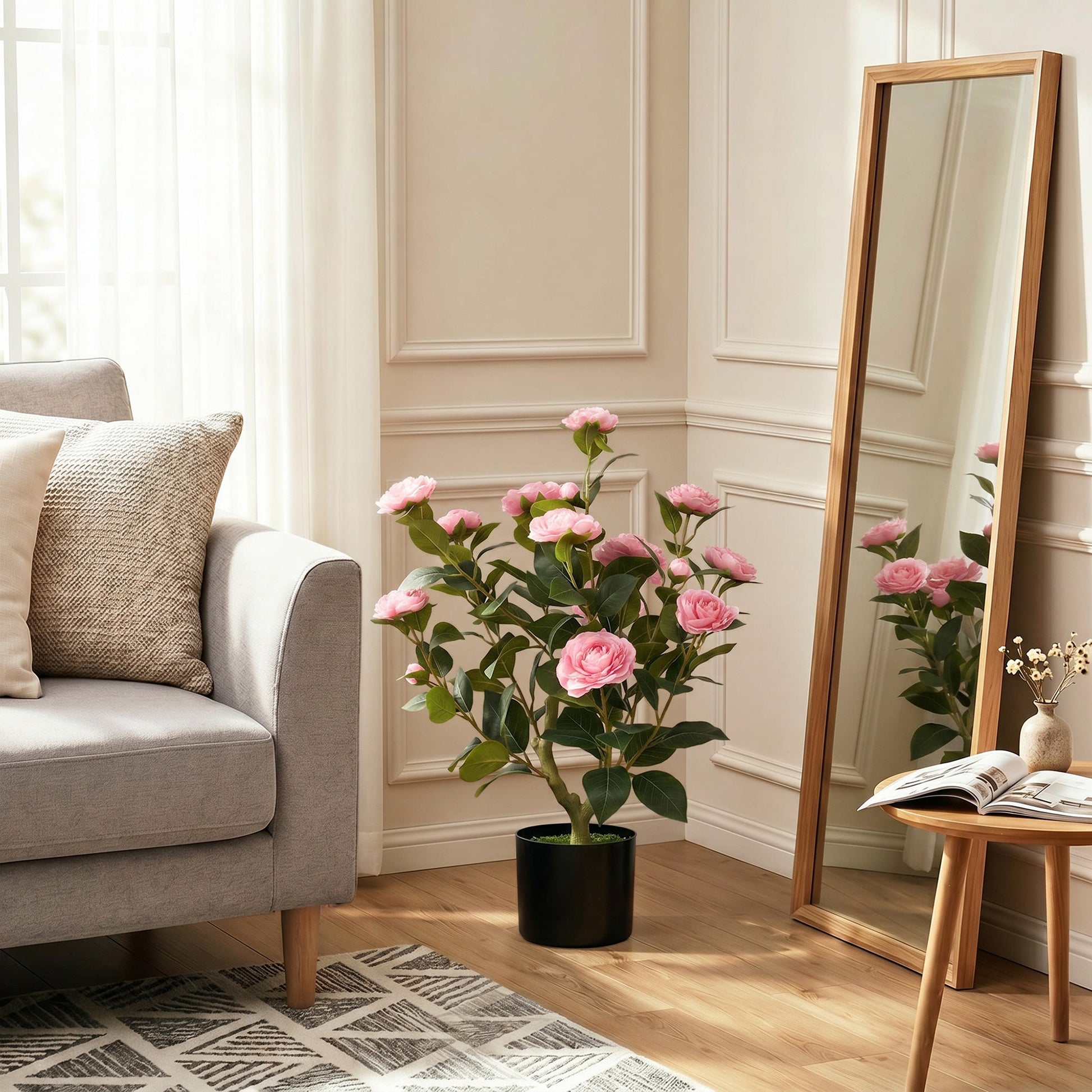 65cm Artificial Camellia Flower Plant in Pot, Realistic Silk Flowers with 116 Lush Leaves & Moss Effect, Faux Tree for Outdoor Indoor Garden Porch Decor, Pink