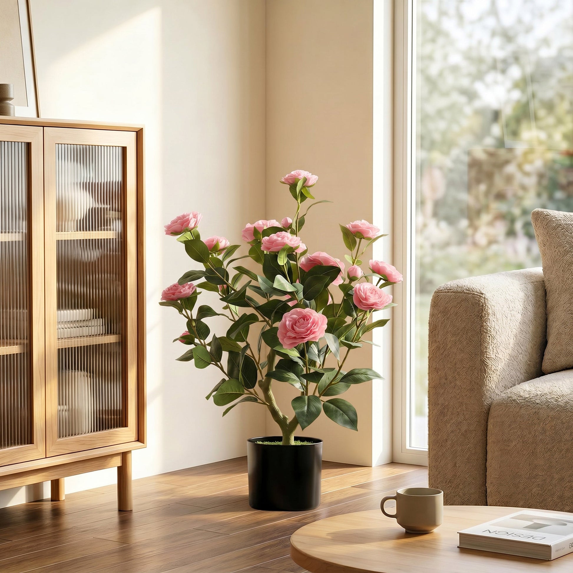 65cm Artificial Camellia Flower Plant in Pot, Realistic Silk Flowers with 116 Lush Leaves & Moss Effect, Faux Tree for Outdoor Indoor Garden Porch Decor, Pink