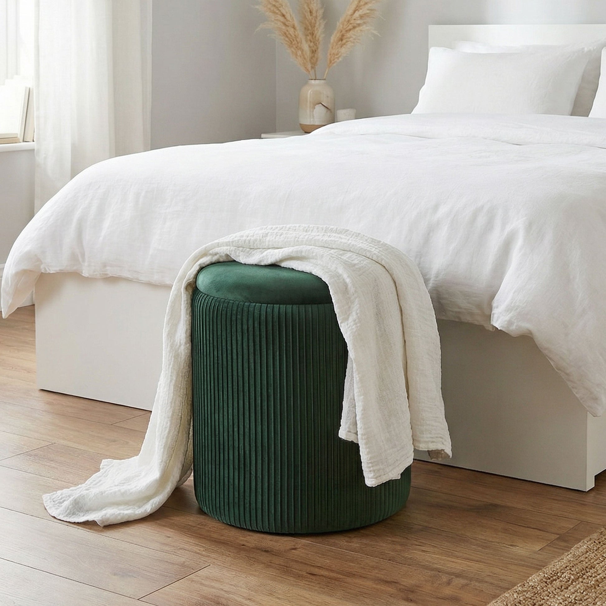Round Storage Ottoman, Velvet-feel Fabric Upholstered Foot Stool with Removable Top, Padded Seat and Hidden Space for Living Room, Bedroom, Dark Green