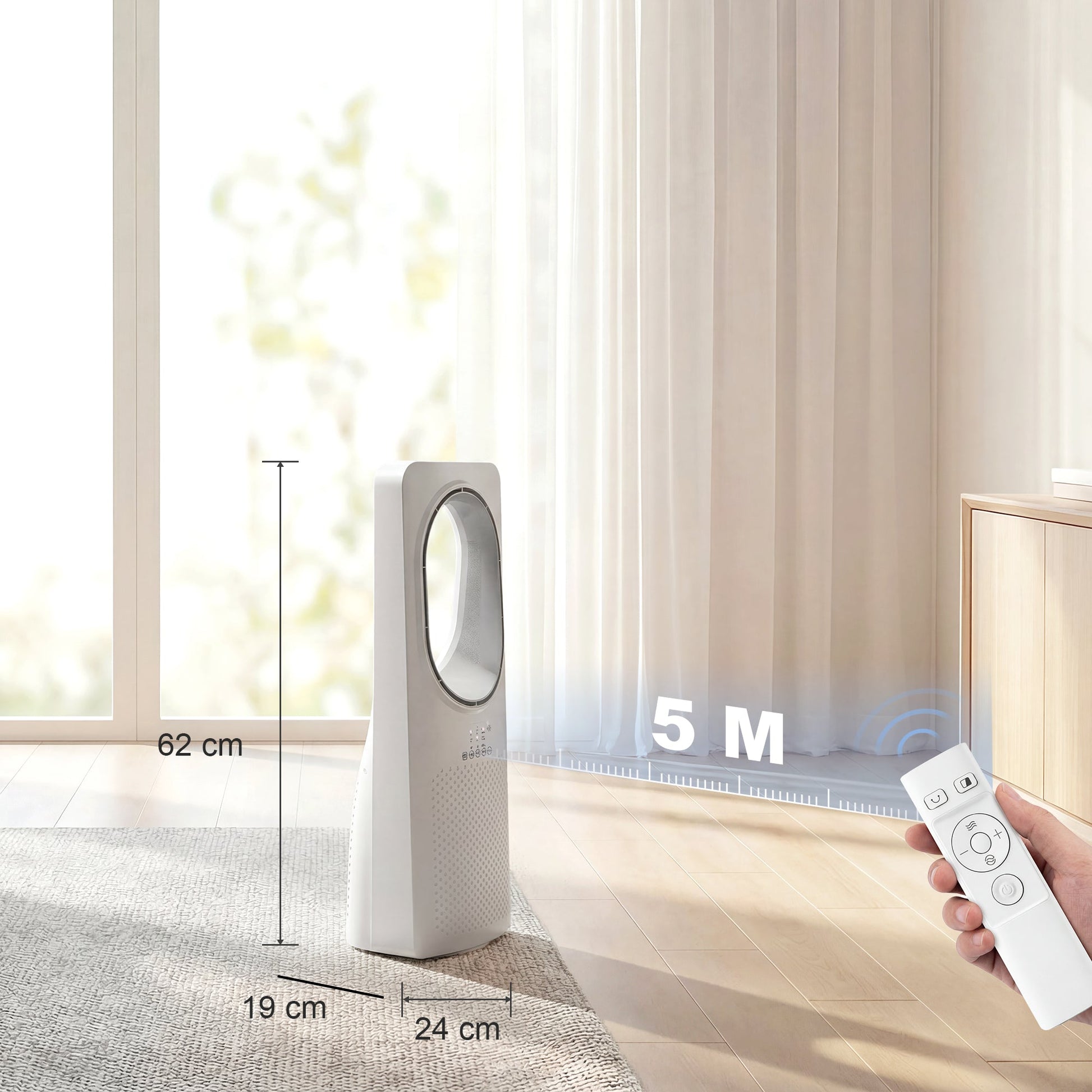 Bladeless Tower Fan for Bedroom, 36dB Standing Cooling Fan with 45° Oscillating, 3 Speeds, 3 Modes, 15H Timer, Touch Panel and Remote Control, White