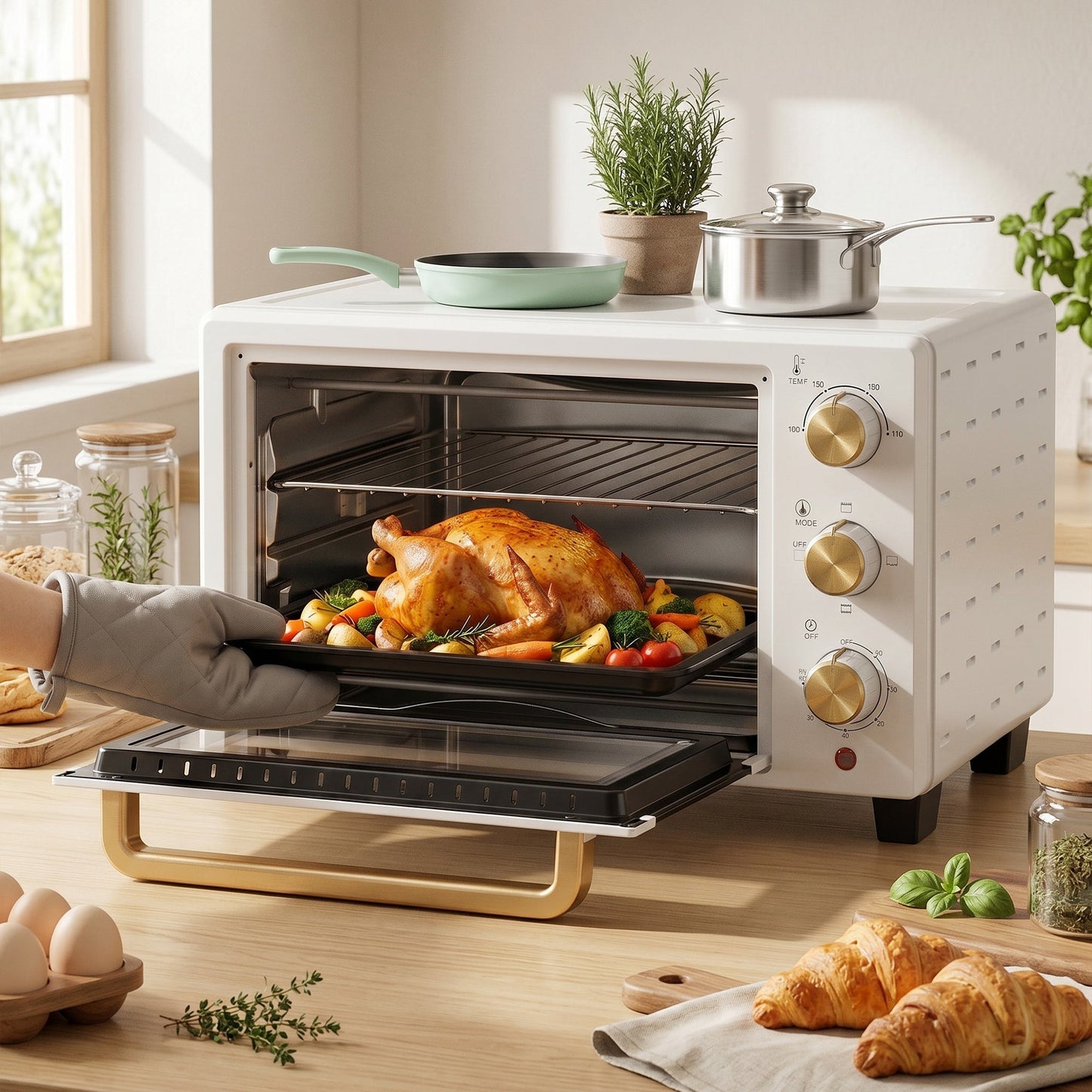 Mini Oven, 21L Countertop Electric Grill, Toaster Oven with Adjustable Temperature, Timer, Baking Tray and Wire Rack, 1400W, White