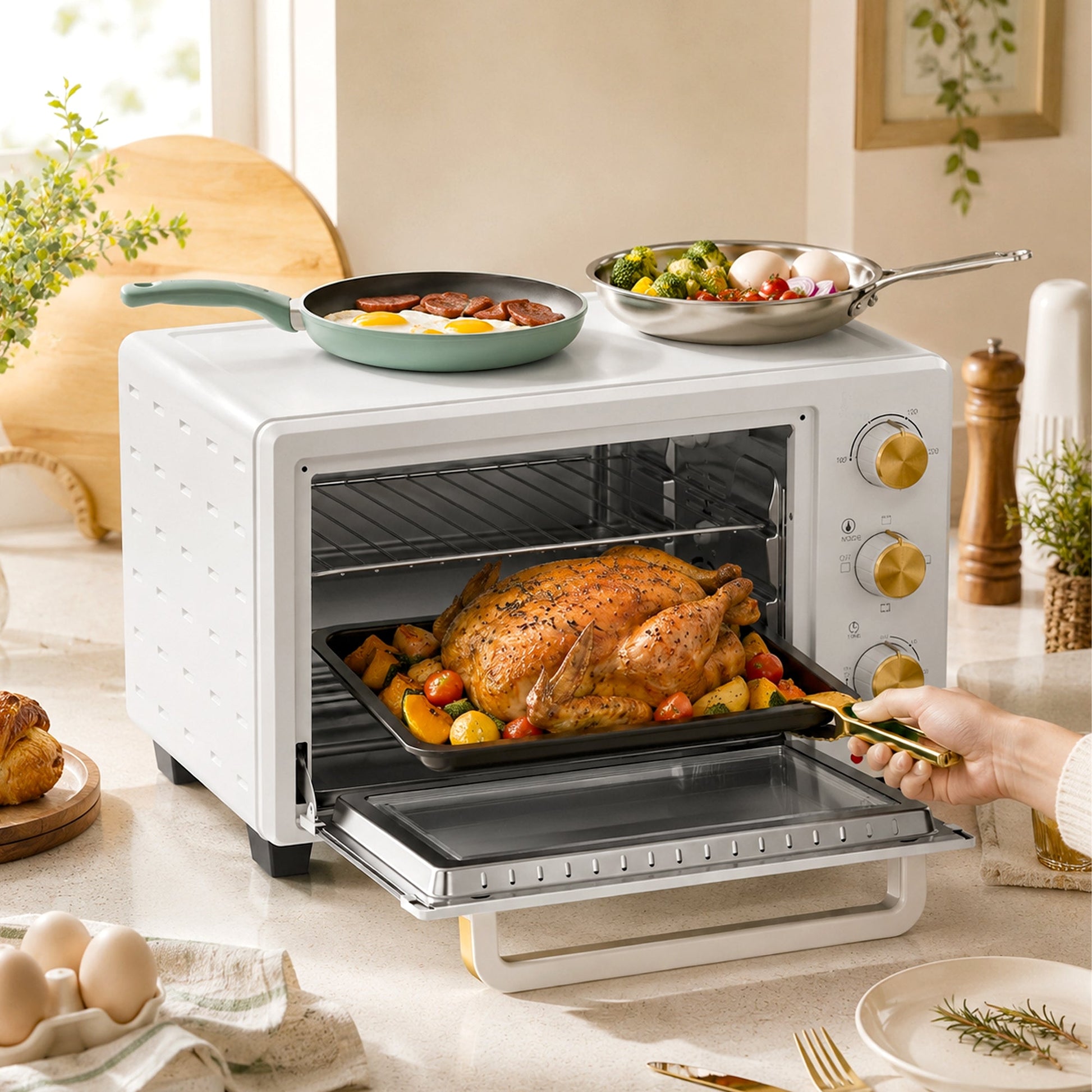 Mini Oven, 21L Countertop Electric Grill, Toaster Oven with Adjustable Temperature, Timer, Baking Tray and Wire Rack, 1400W, White