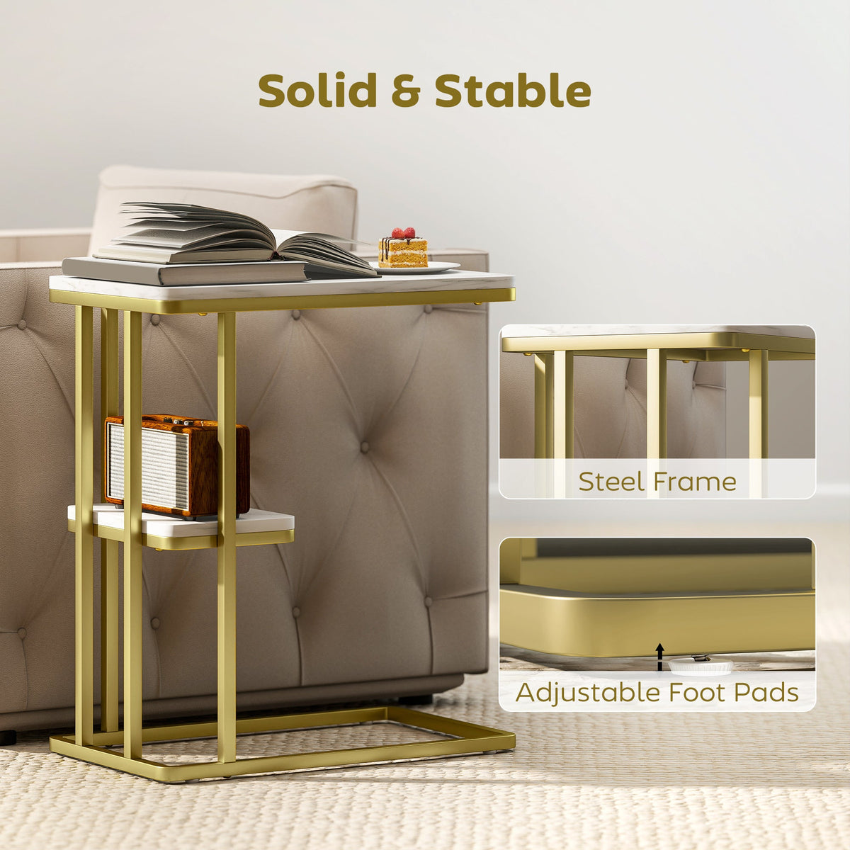 C-Shaped Narrow Side Table, 2-Tier Slim End Table with Storage Shelf, Modern Nightstand for Small Spaces, Living Room, Bedroom, 50 x 30 x 57.5 cm, White Marble Grain