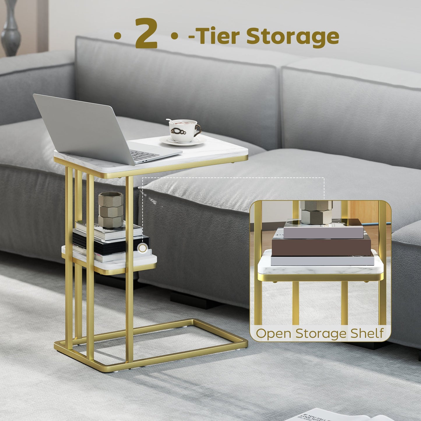 C-Shaped Narrow Side Table, 2-Tier Slim End Table with Storage Shelf, Modern Nightstand for Small Spaces, Living Room, Bedroom, 50 x 30 x 57.5 cm, White Marble Grain