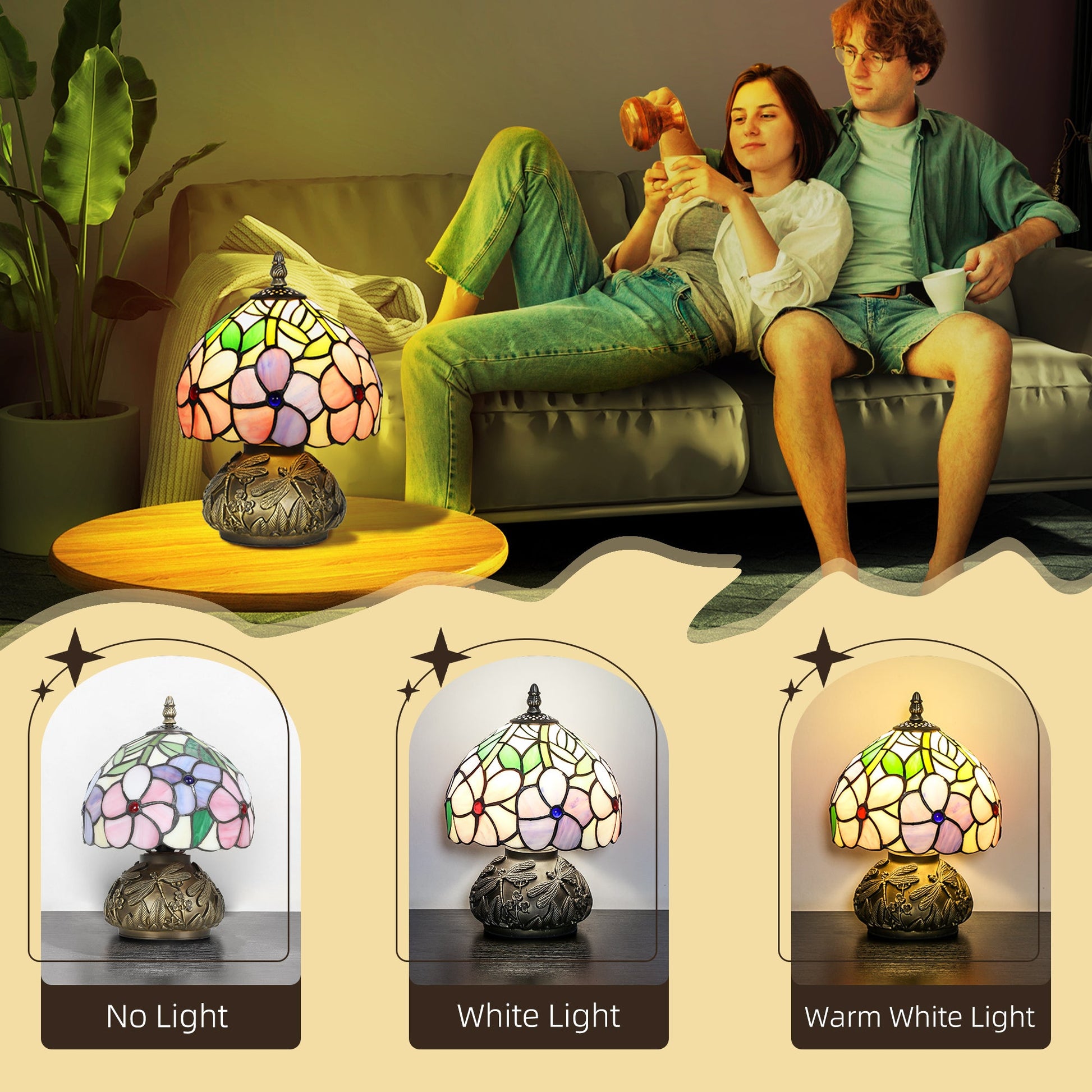 Tiffany-Style Table Lamp with Sculpted Dragonfly Base, Handcrafted Classic Stained Glass Bedside Lamp for Living Room and Bedroom, E27 Socket, Pink