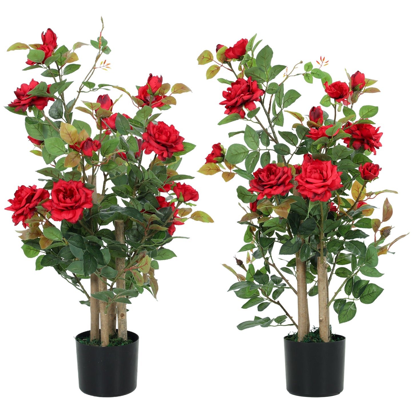 90cm Artificial Rose Tree Set of 2, Decorative Fake Plant with 344 Silk Leaves and 17 Flowers, UV-Resistant Faux Tree for Outdoor Indoor Garden Porch Decor, Red