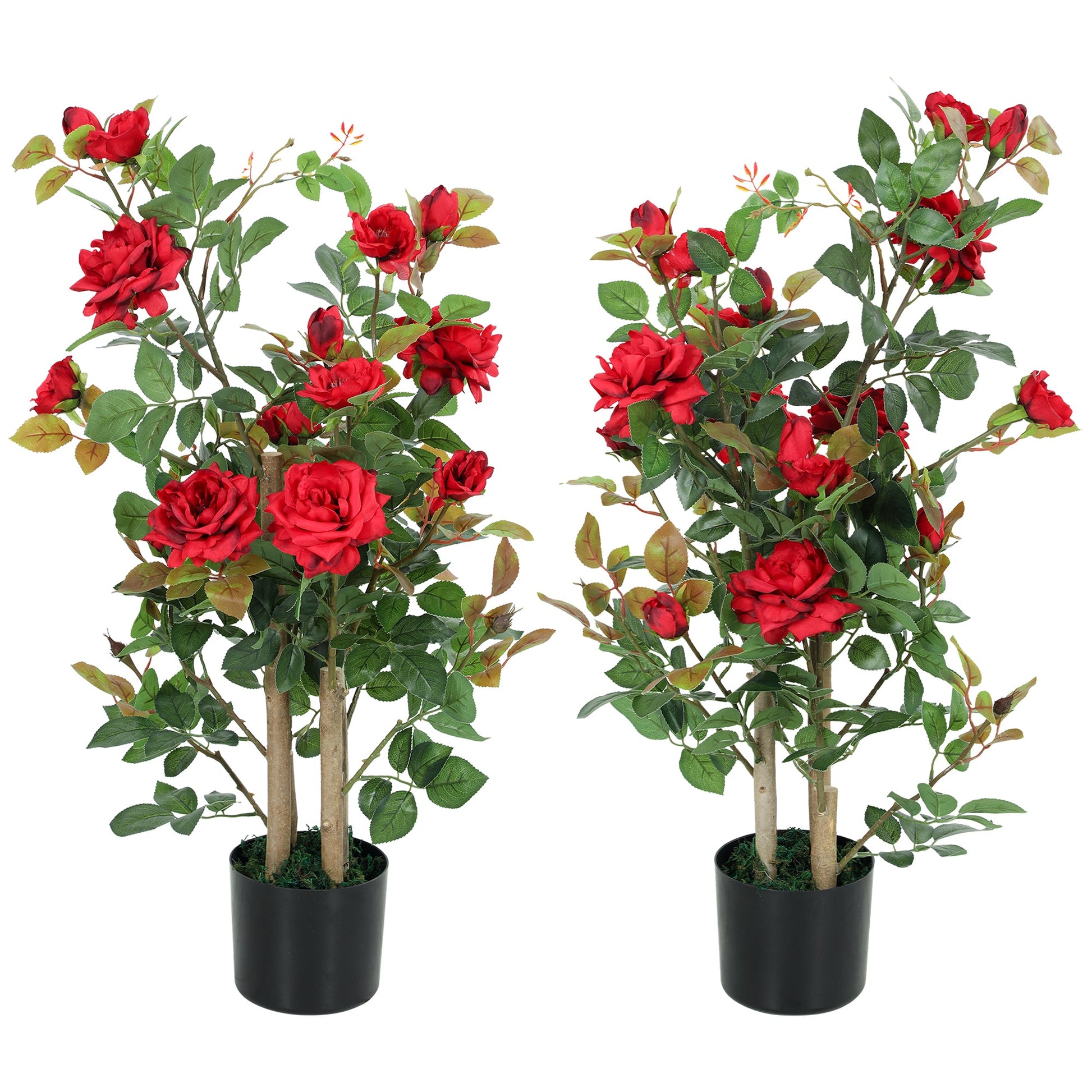90cm Artificial Rose Tree Set of 2, Decorative Fake Plant with 344 Silk Leaves and 17 Flowers, UV-Resistant Faux Tree for Outdoor Indoor Garden Porch Decor, Red