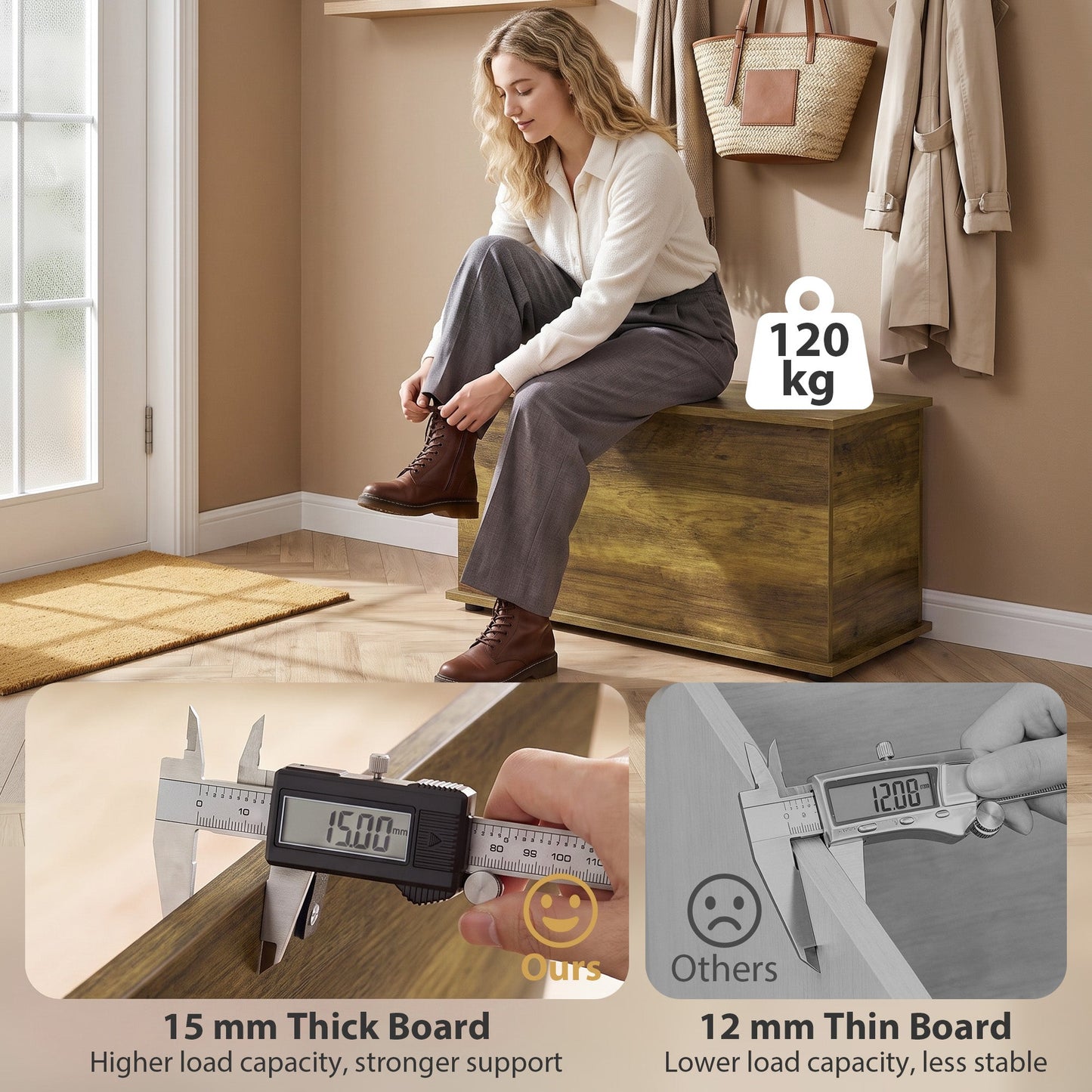 Storage Chest, Large 102L Blanket Box, Shoe Bench with Safety Hinged Lid, Storage Trunk, Bed End Bench for Bedroom, Hallway, Living room, Playroom, 80 x 40 x 45cm, Brown