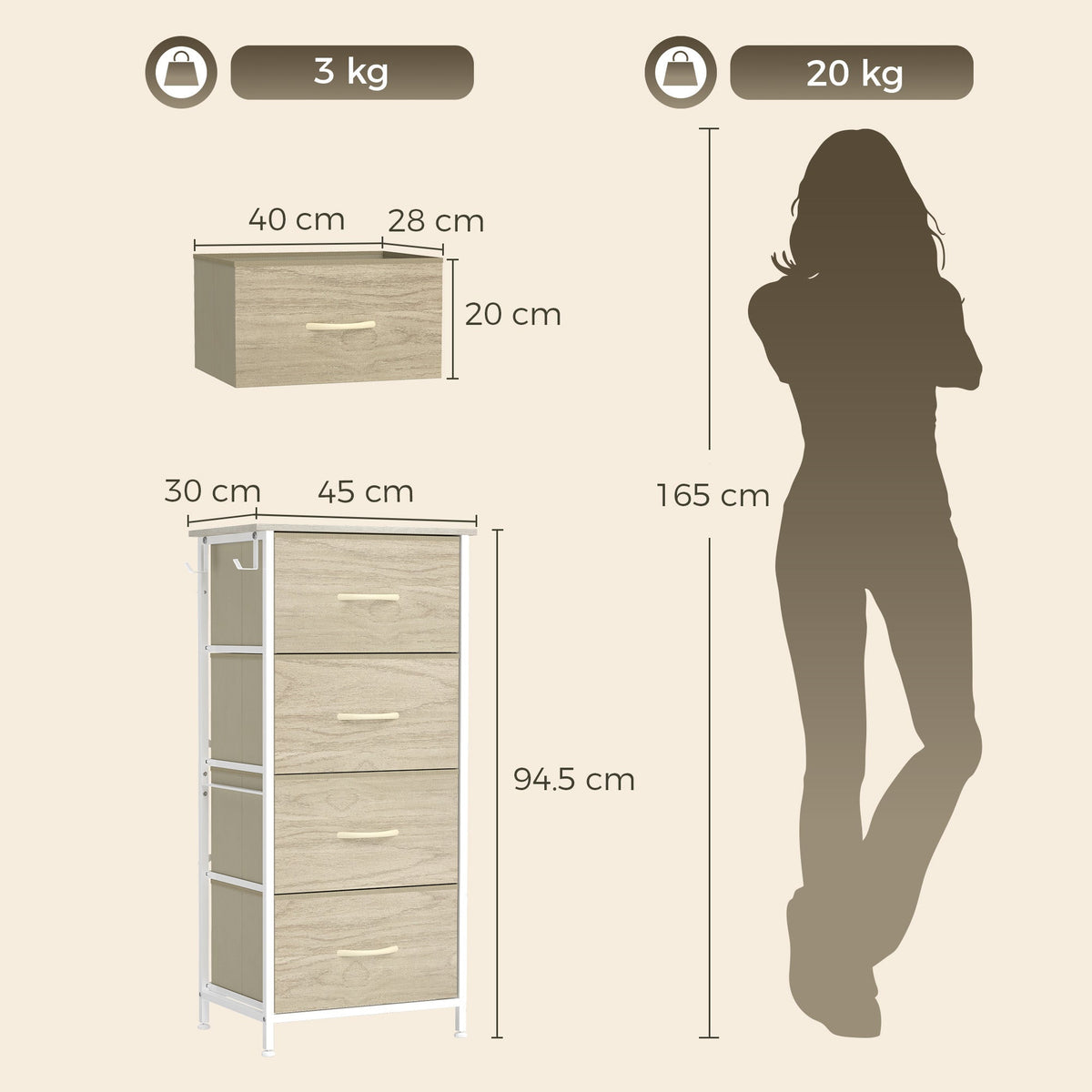 Chest of Drawers, Dresser for Bedroom with 4 Fabric Drawers, Tall Storage Unit with 4 Pockets, 2 Hooks and Steel Frame for Living Room, Hallway, Natural Wood Finish