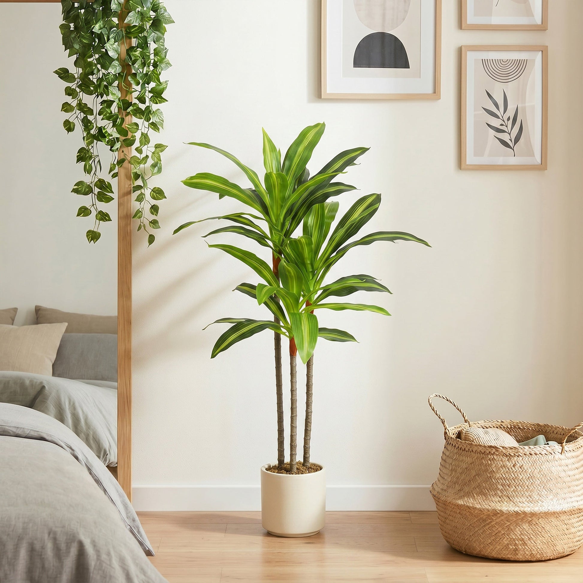 90cm Artificial Dracaena Tree, Decorative Artificial Plants with Bendable Trunks and White Planter for Living Room Bedroom Home Office Decor, Green
