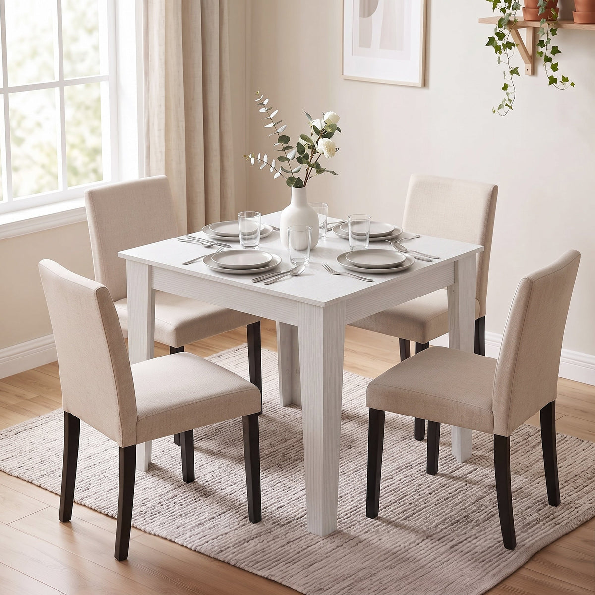Dining Table for 4, 80L x 80W x 75Hcm, Modern Square Kitchen Table, for Dining Room, Kitchen, Living Room, White