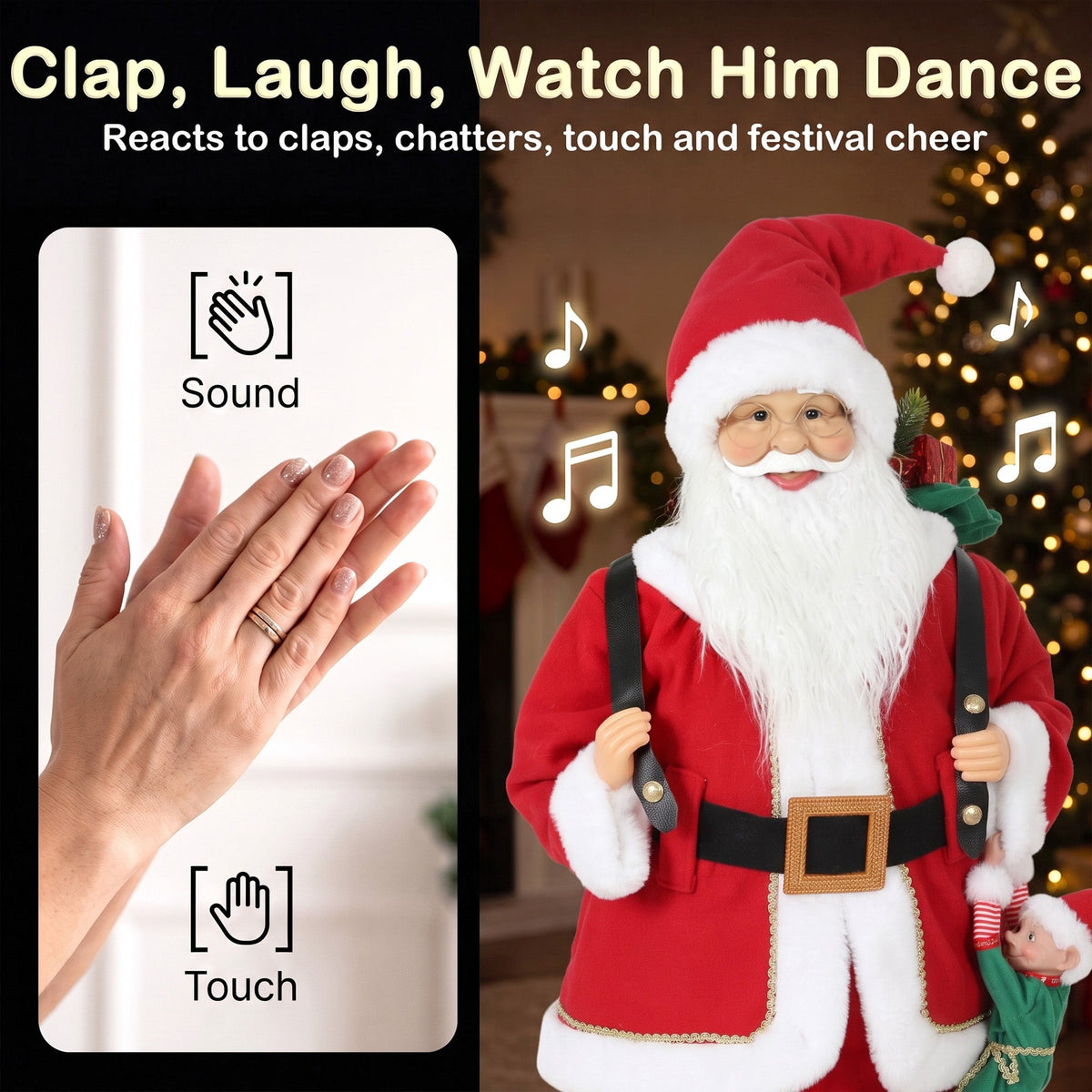 4ft Life Size Singing Dancing Santa Claus, 120 cm Standing Musical Animated Santa with Sack, Hanging Elf, Posable Arms, Handcrafted, Sound Touch Activated, Moving Christmas Figure Decoration