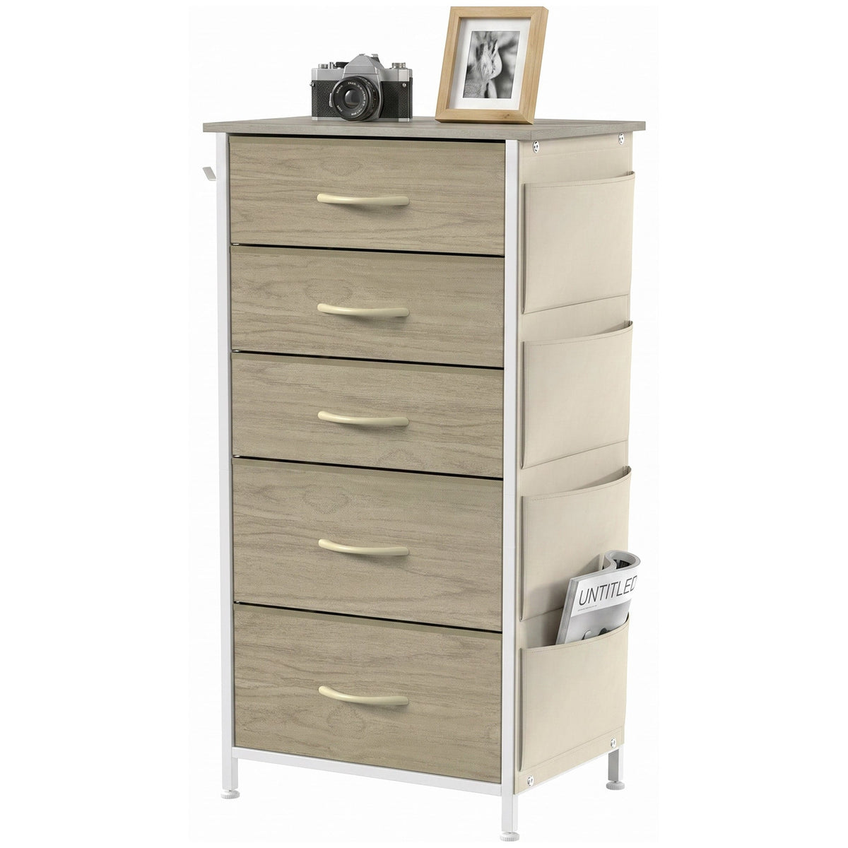 Chest of Drawers, Dresser for Bedroom with 5 Fabric Drawers, Tall Storage Unit with 4 Pockets, 2 Hooks and Steel Frame for Living Room, Hallway, Natural Wood Finish