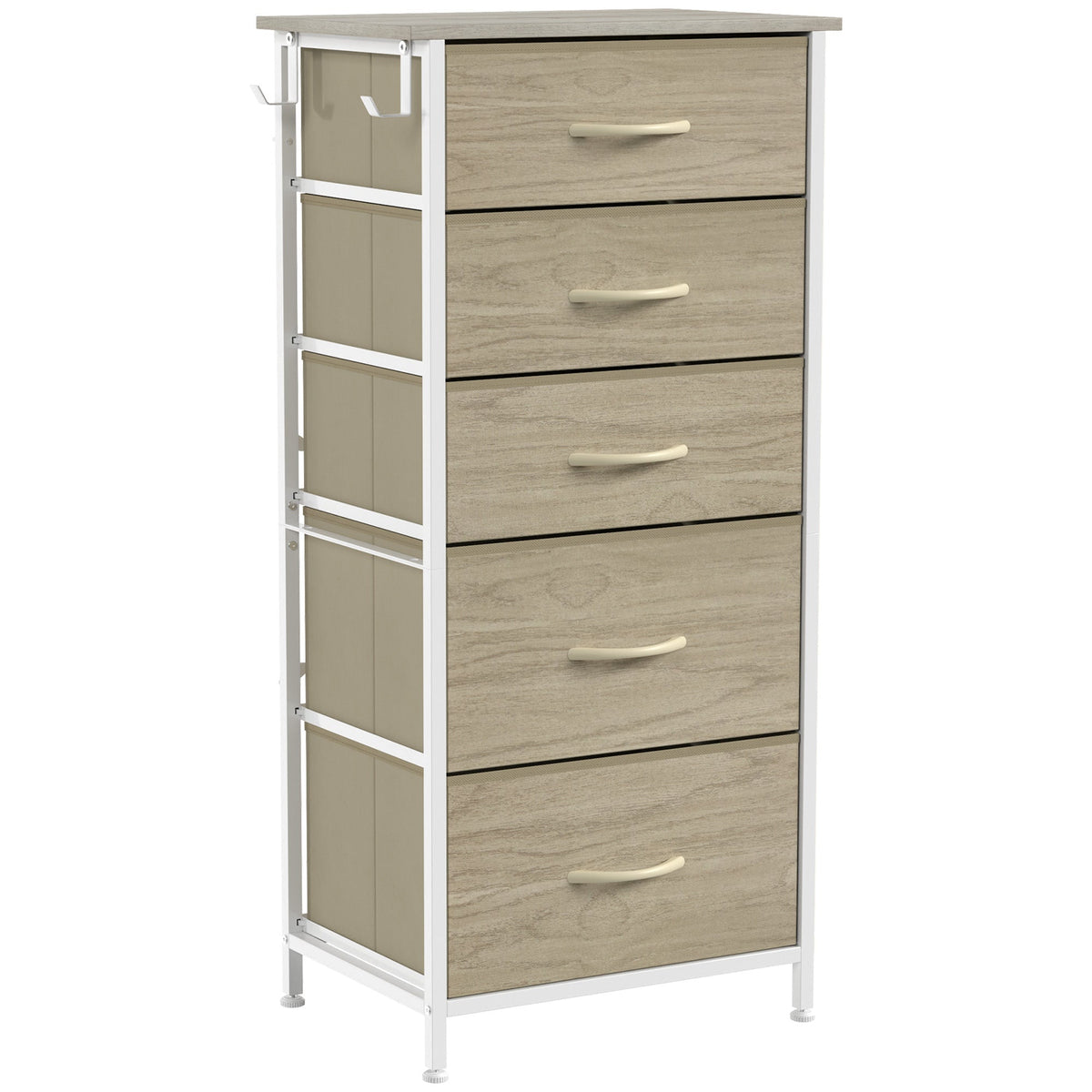 Chest of Drawers, Dresser for Bedroom with 5 Fabric Drawers, Tall Storage Unit with 4 Pockets, 2 Hooks and Steel Frame for Living Room, Hallway, Natural Wood Finish