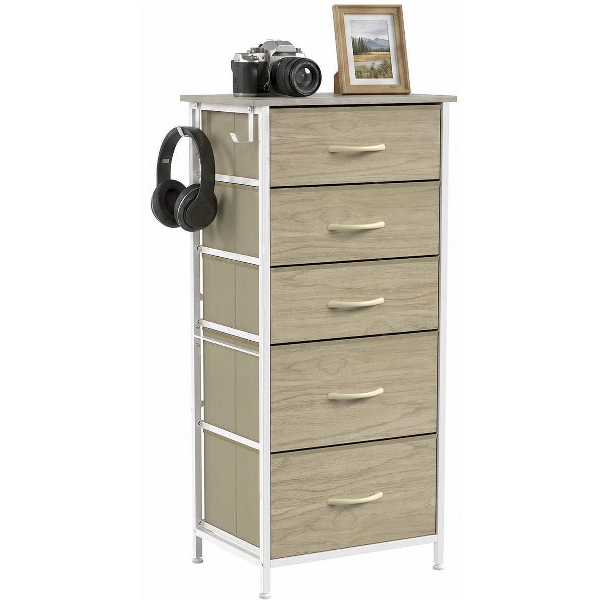 Chest of Drawers, Dresser for Bedroom with 5 Fabric Drawers, Tall Storage Unit with 4 Pockets, 2 Hooks and Steel Frame for Living Room, Hallway, Natural Wood Finish